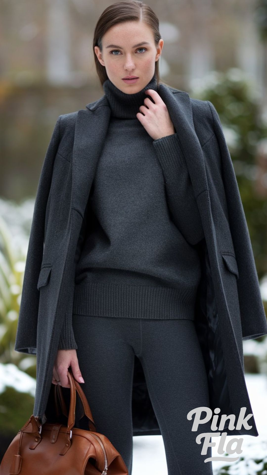 Elegant Winter Layers in Charcoal Turtleneck - Winter Outfits for Snow