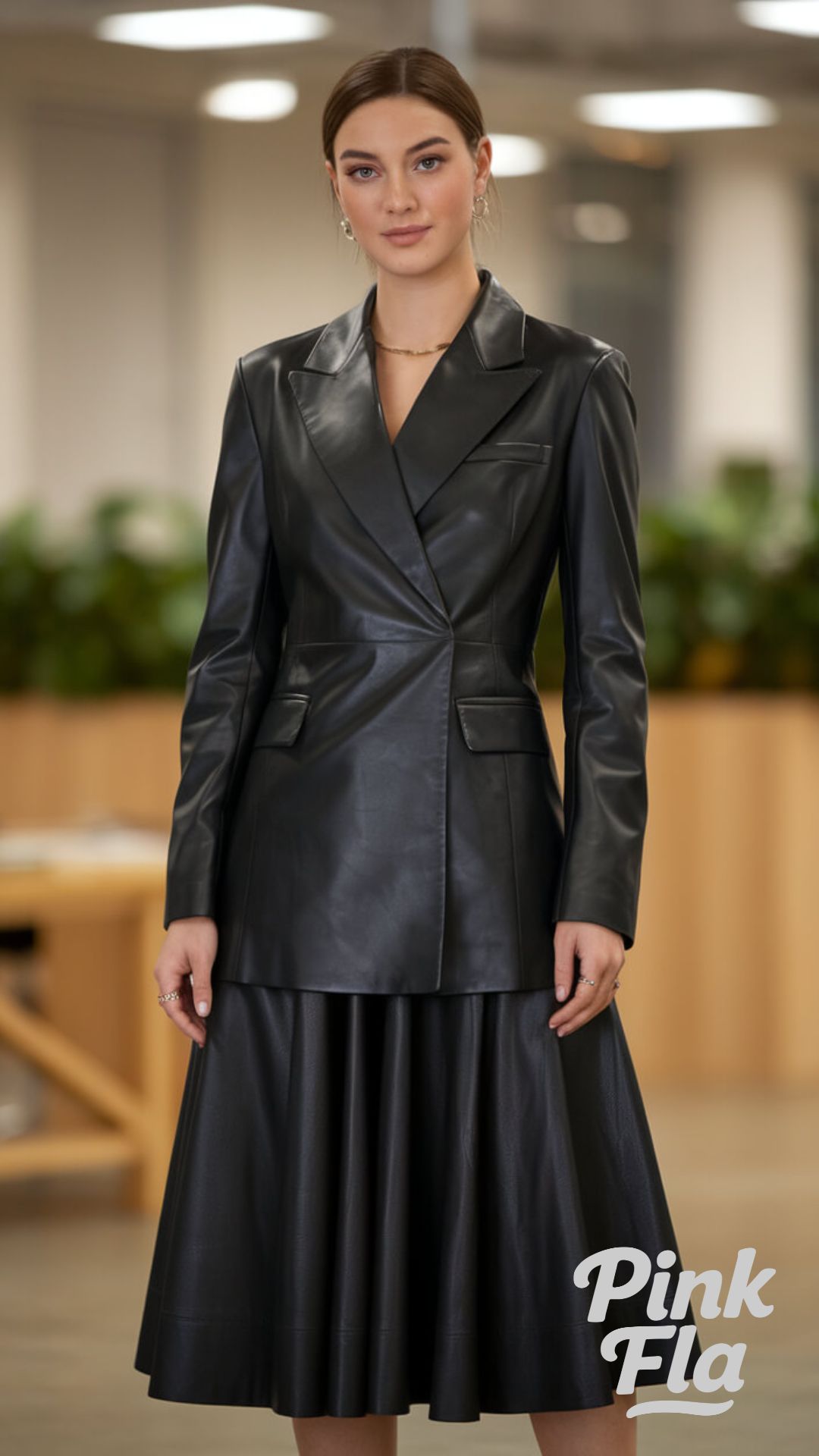 Modern Elegance in a Leather Set - Black Leather Blazer Outfits