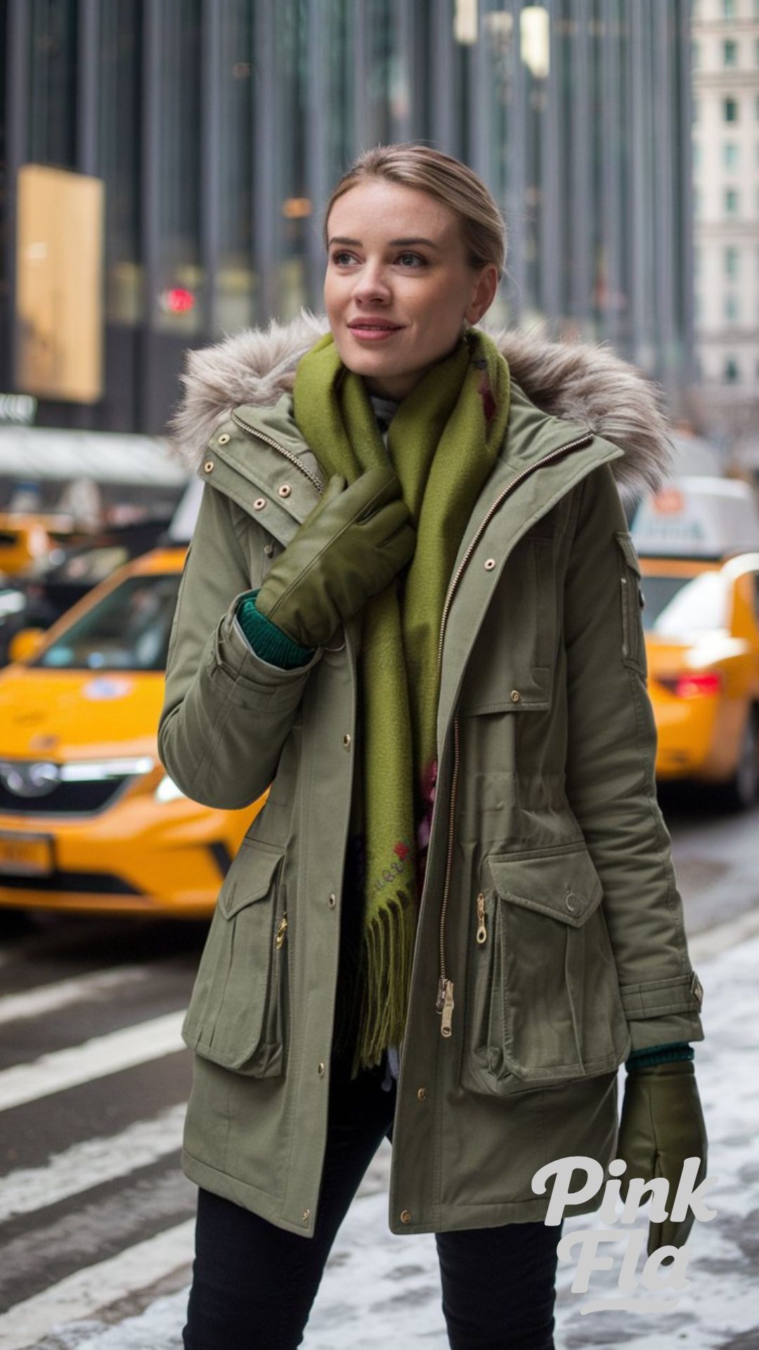 Urban Winter Warmth with a Pop of Color Green Winter Outfits