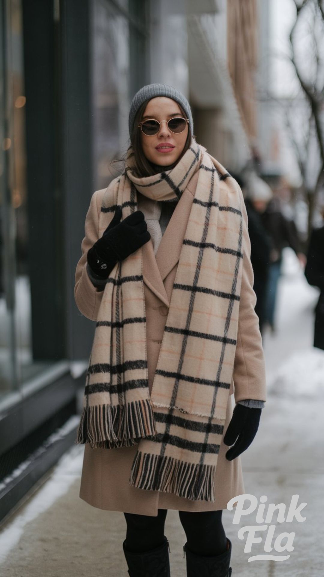 Warm and Stylish in Checked Scarf and Camel Coat - Winter Outfits for Snow