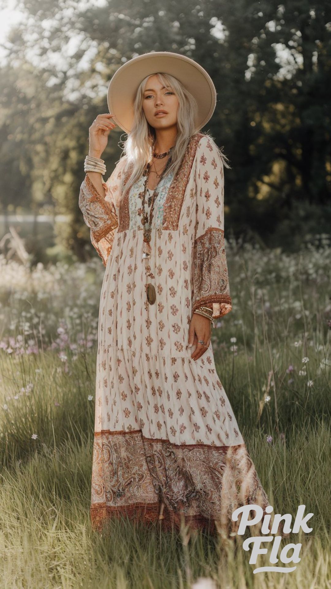 Classic Boho Maxi Dress with Statement Accessories - Retro Boho Outfit Ideas