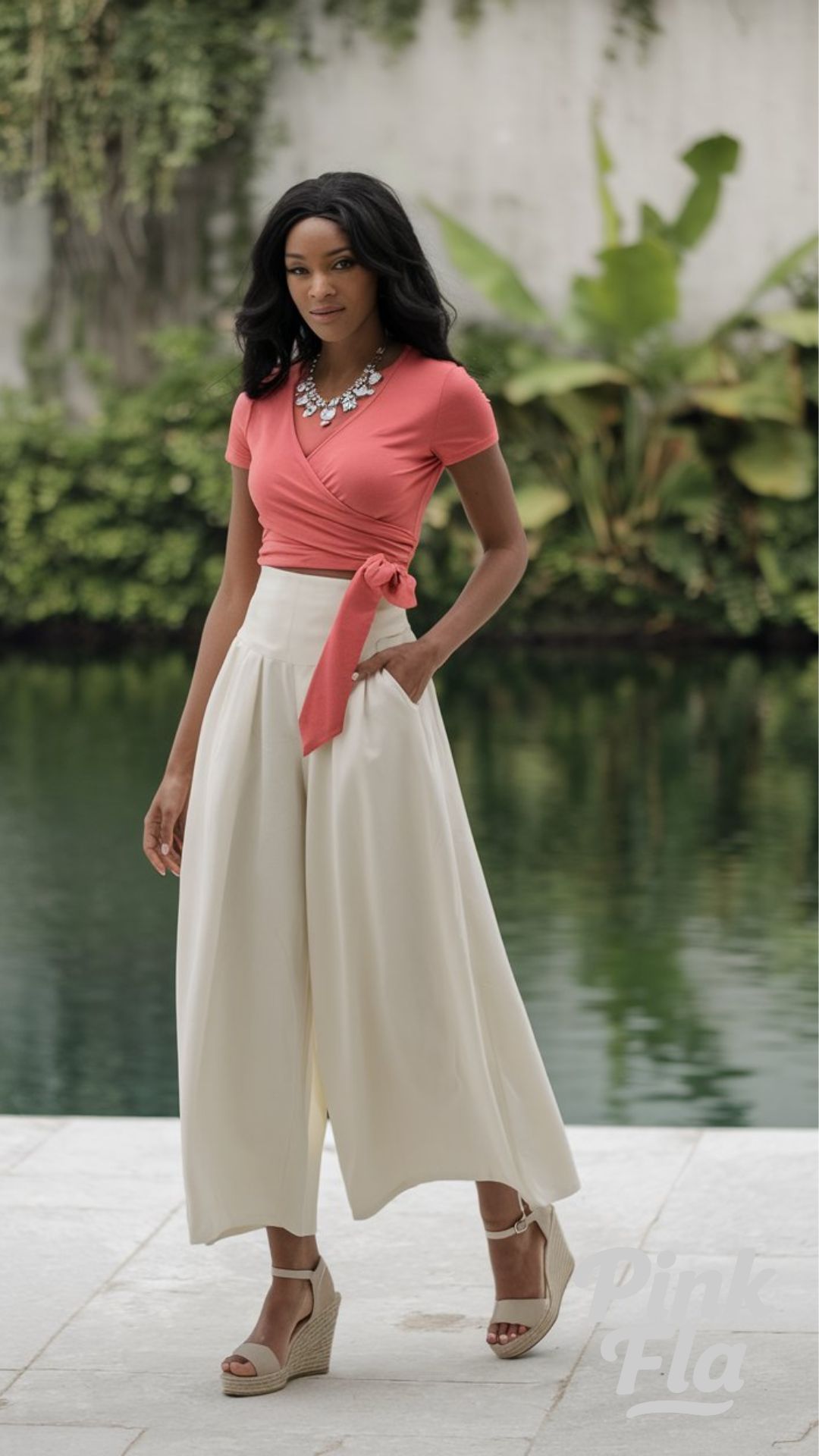 Coral Wrap Top with Breezy Culottes - Spring Outfits for Black Women