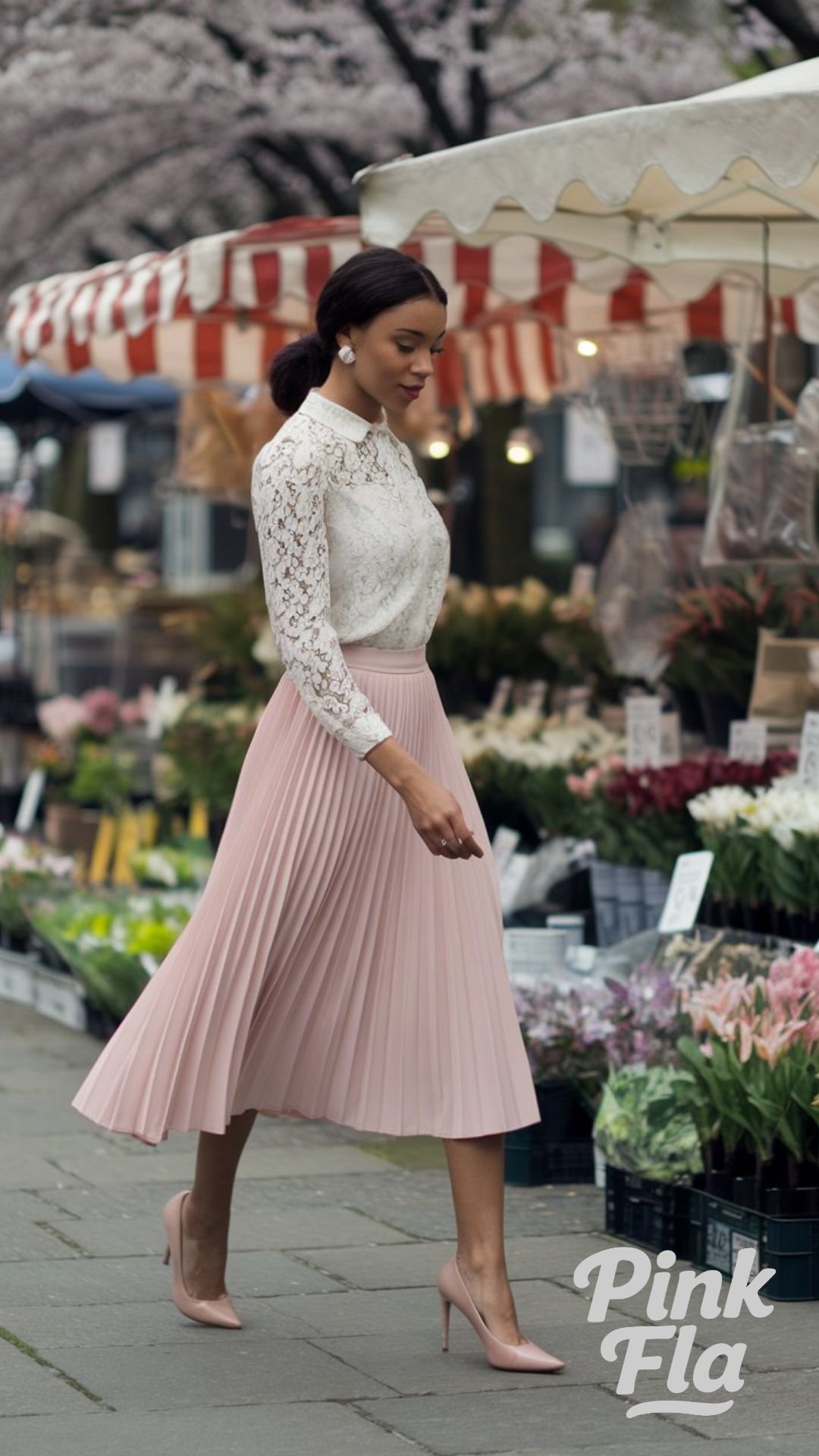 Pleated Pink Skirt with Lace Top for Subtle Elegance - Spring Outfits for Black Women