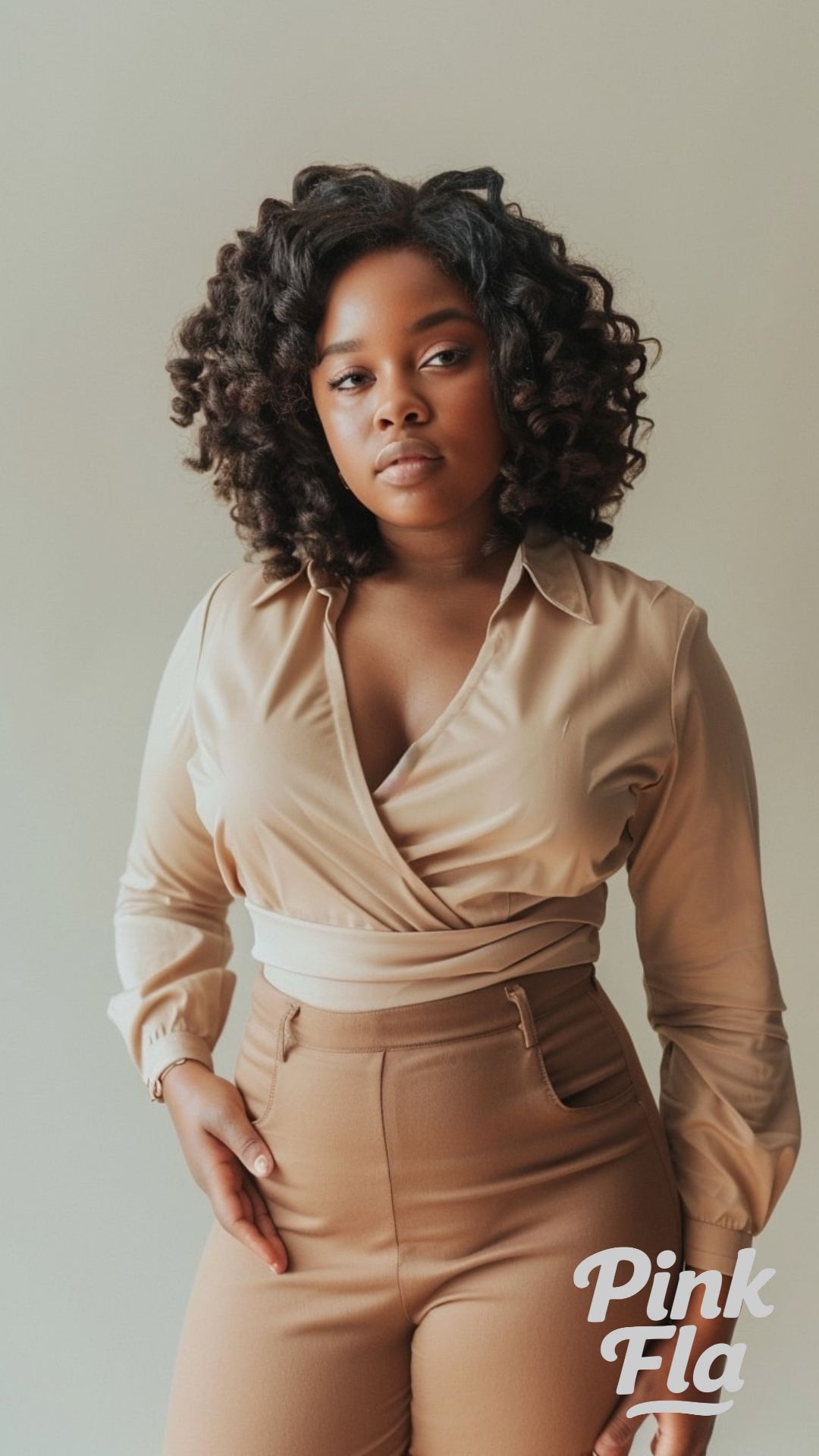 Simple and Sophisticated: Beige Wrap Top with High-Waisted Trousers - Outfits for Short Curvy Women