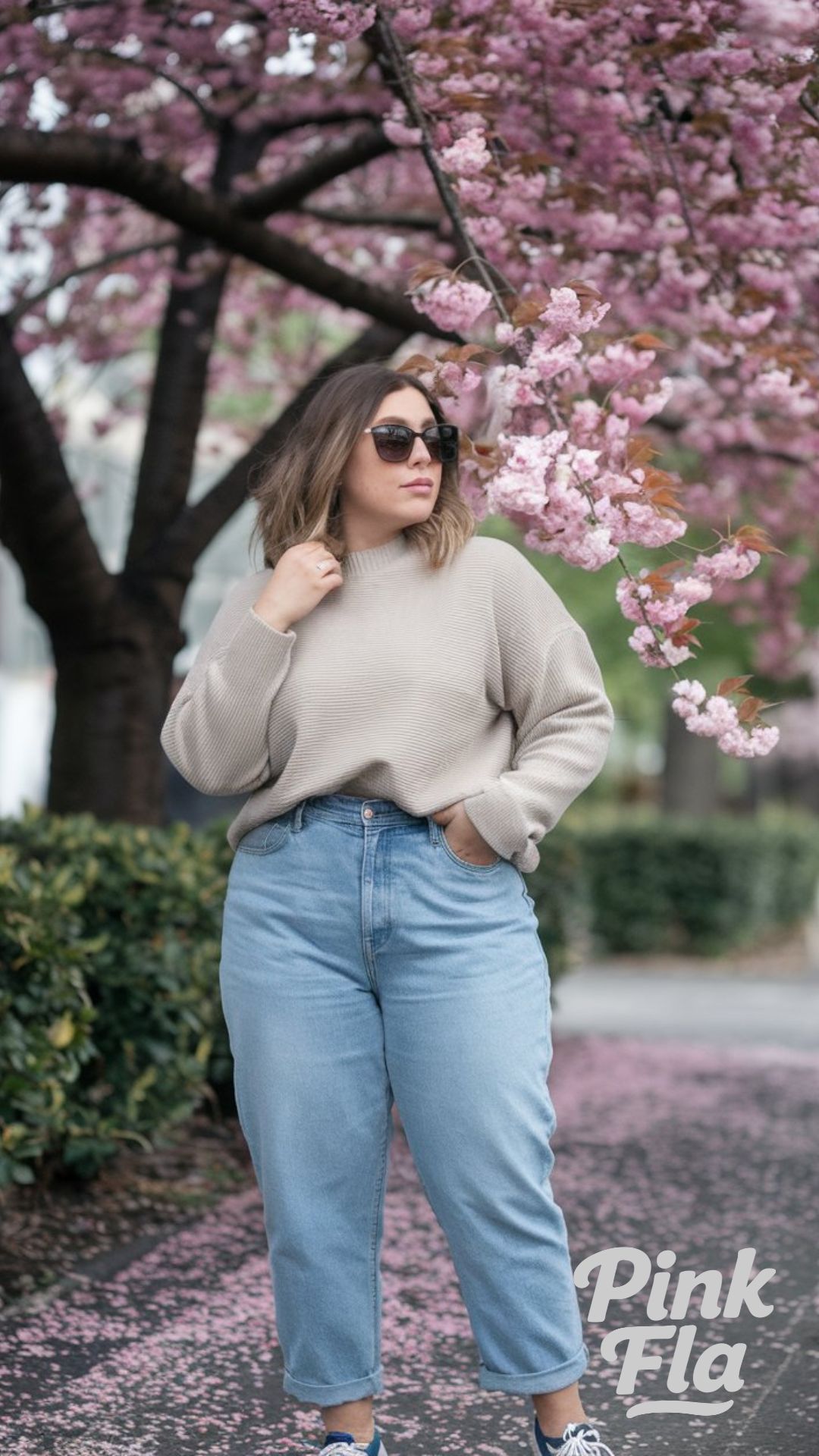 Casual Cool: Knit Sweater and Mom Jeans - Casual Plus Size Spring Outfit Ideas