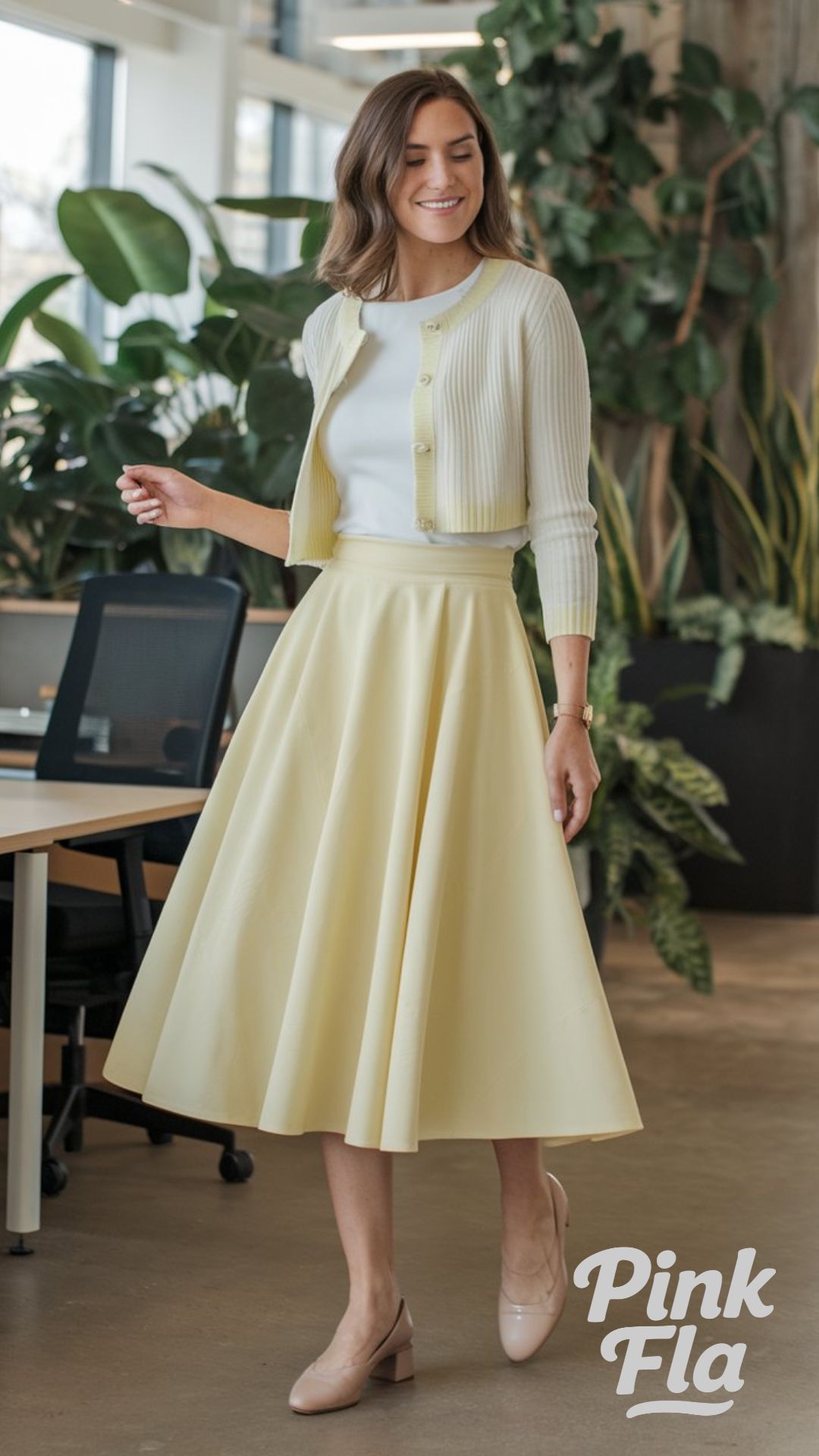 Cheerful Softness: Yellow A-Line Skirt and Cream Cardigan - Spring Outfits for Work