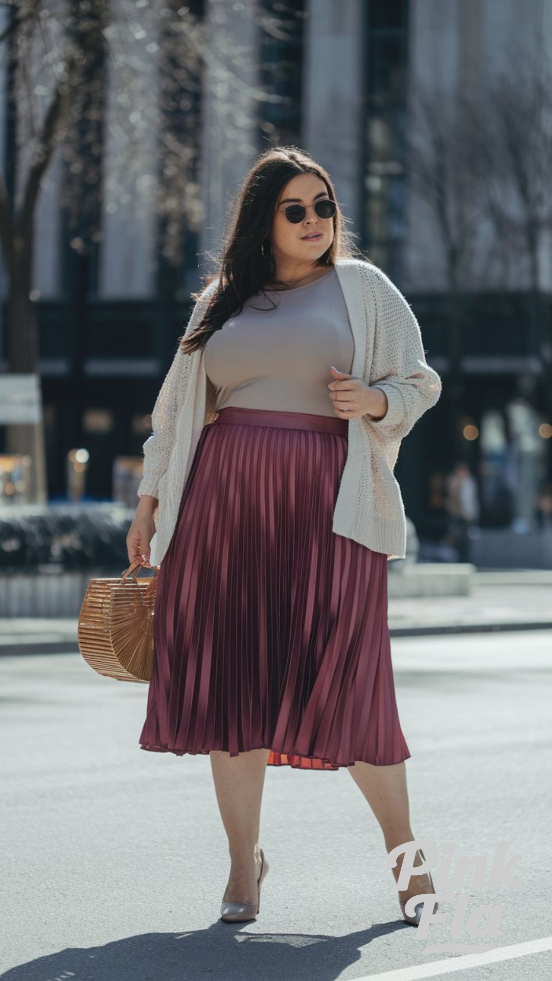 City Chic: Pleated Midi Skirt and Soft Layers - Casual Plus Size Spring Outfit Ideas