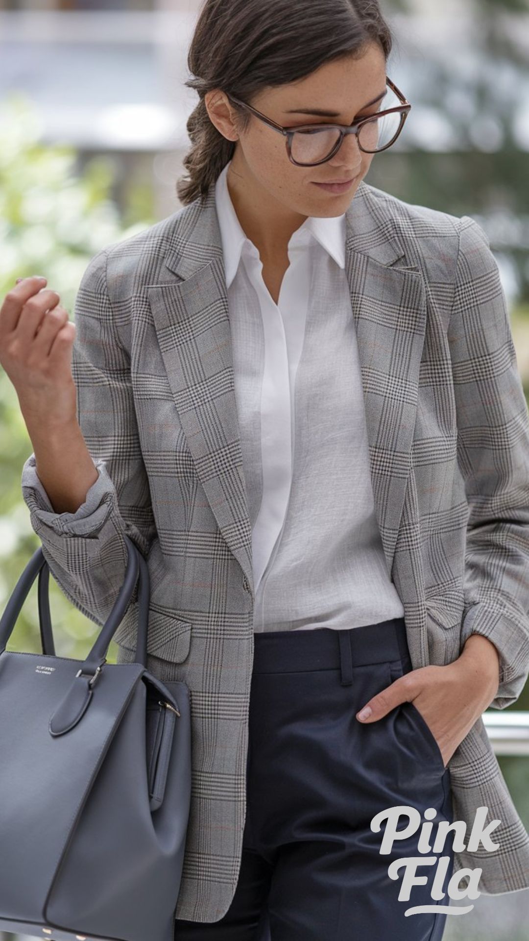 Classic Textures: Plaid Blazer with Navy Trousers - Spring Outfits for Work