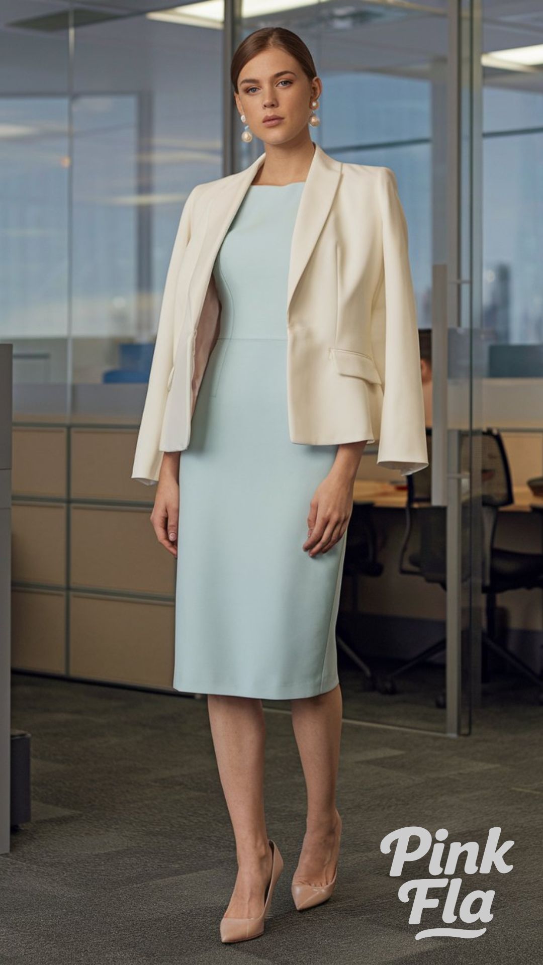 Cream Blazer and Pastel Blue Sheath Dress - Spring Outfits for Work