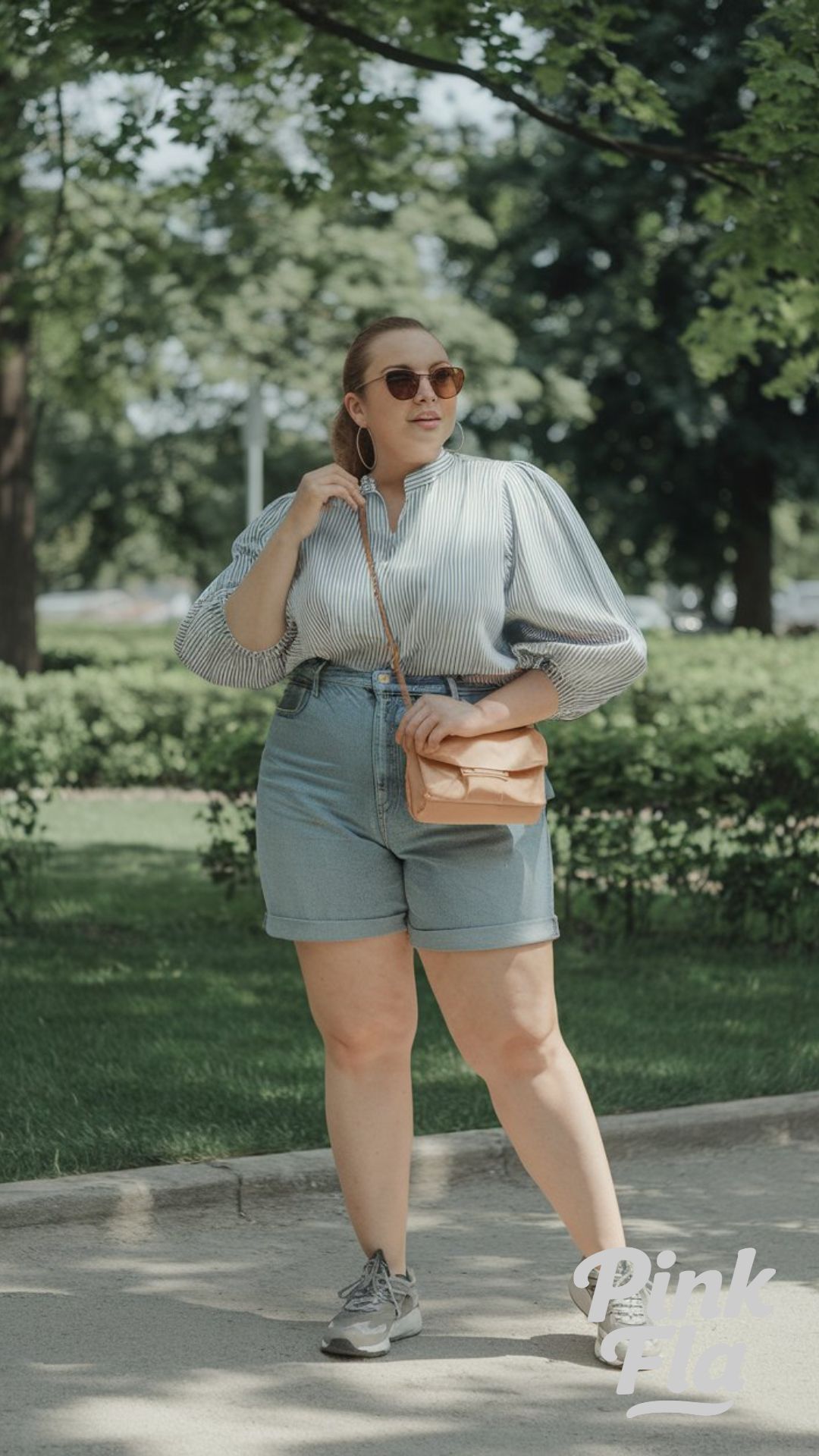 Easygoing Spring Style: Denim Shorts & Striped Blouse - Casual Plus Size Spring Outfit Ideas