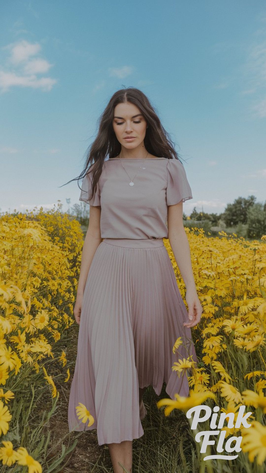 Lilac Grace in a Field of Yellow - Spring Outfits with Skirts
