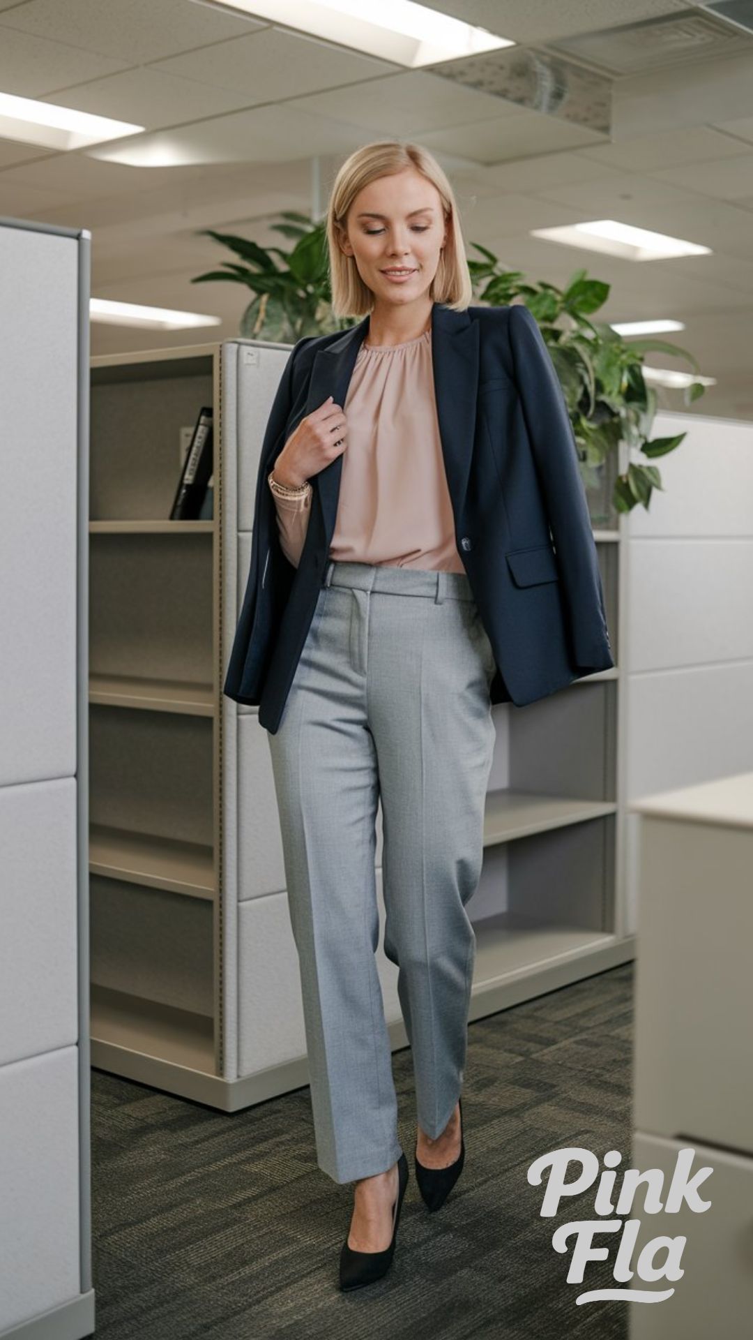 Navy Blazer with Subtle Pink Touches - Spring Outfits for Work