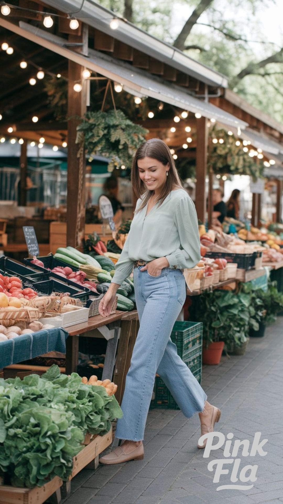 Pastel Green at the Market - Spring Outfits with Jeans