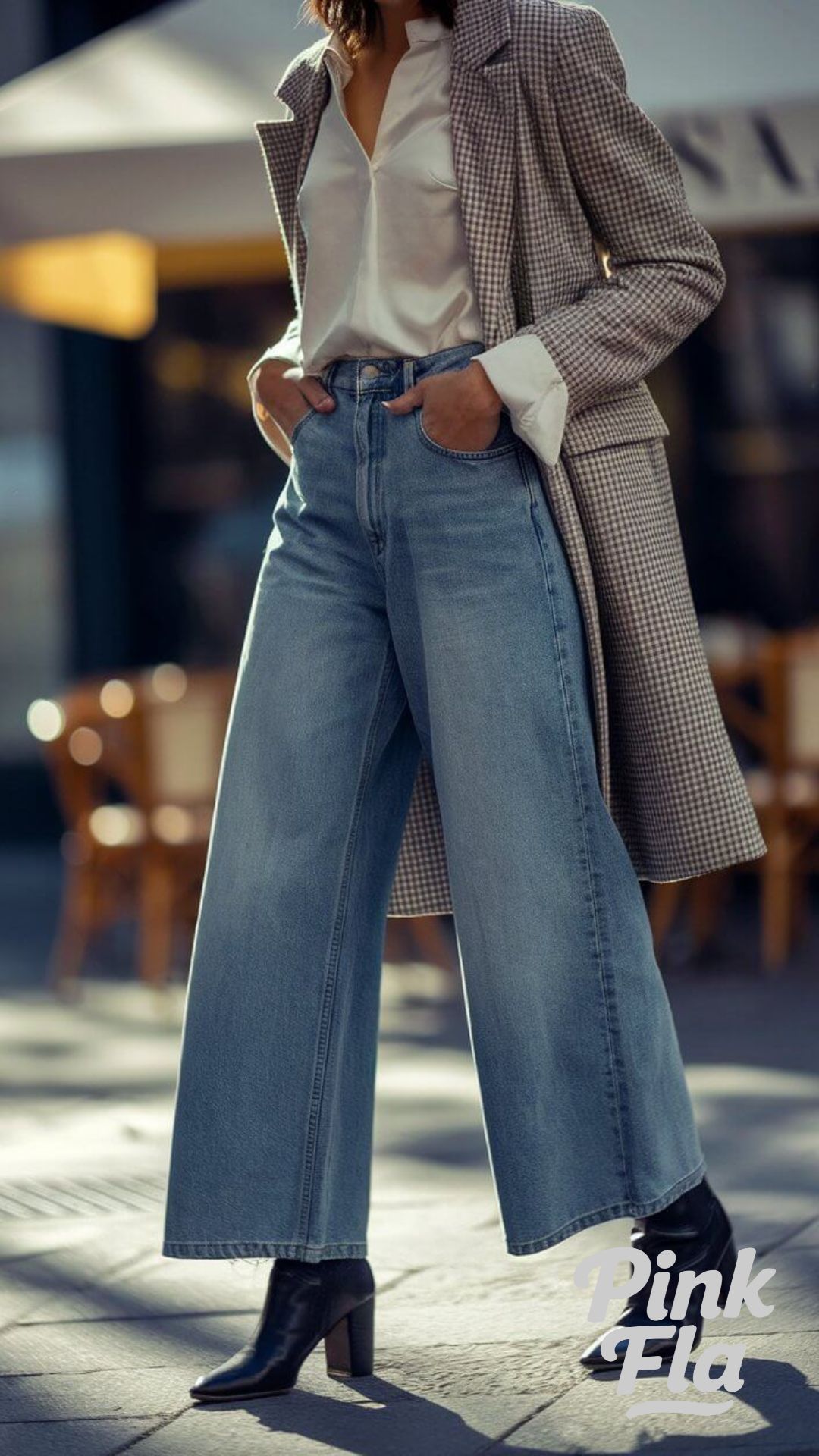 Plaid Coat and Wide-Leg Jeans for Smart-Casual Vibes - Outfits with Wide-Leg Jeans