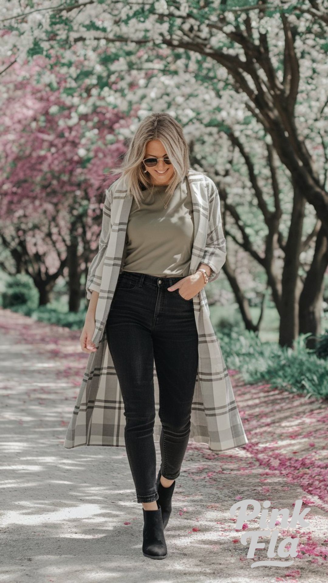 Plaid Duster and Dark Denim Combo - Spring Outfits with Jeans