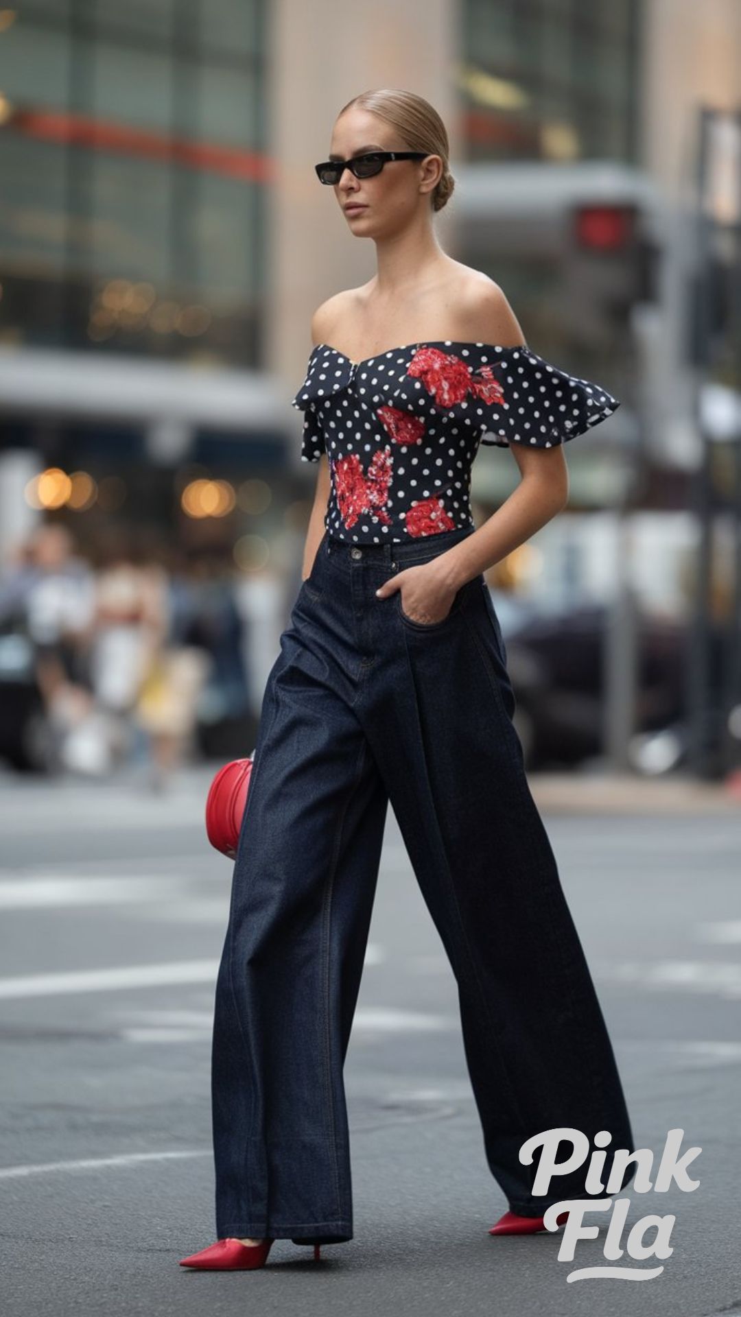 Polka Dot Off-Shoulder Top with Wide-Leg Jeans - Outfits with Wide-Leg Jeans