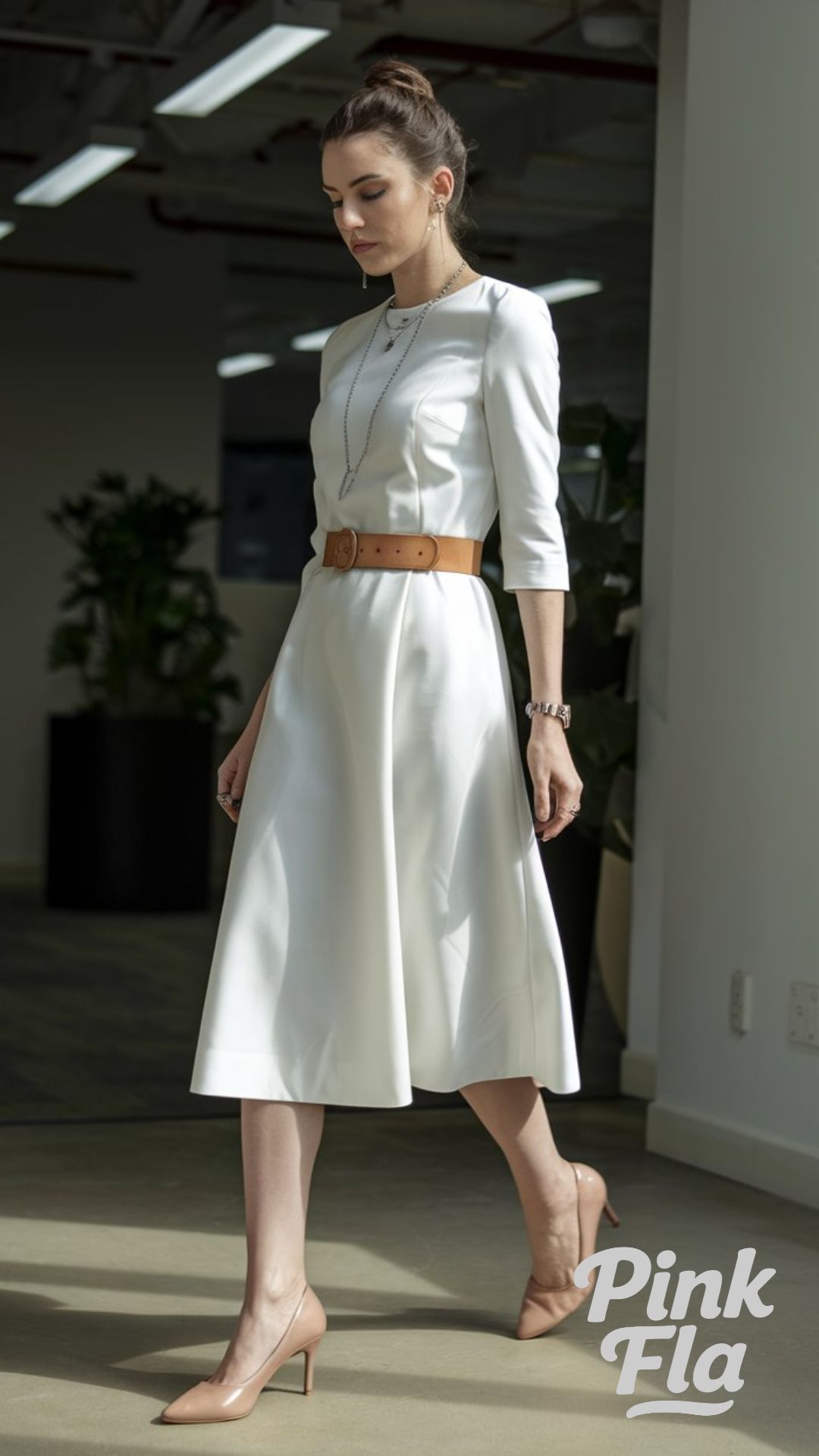 Pure Simplicity: Belted White Midi Dress - Spring Outfits for Work