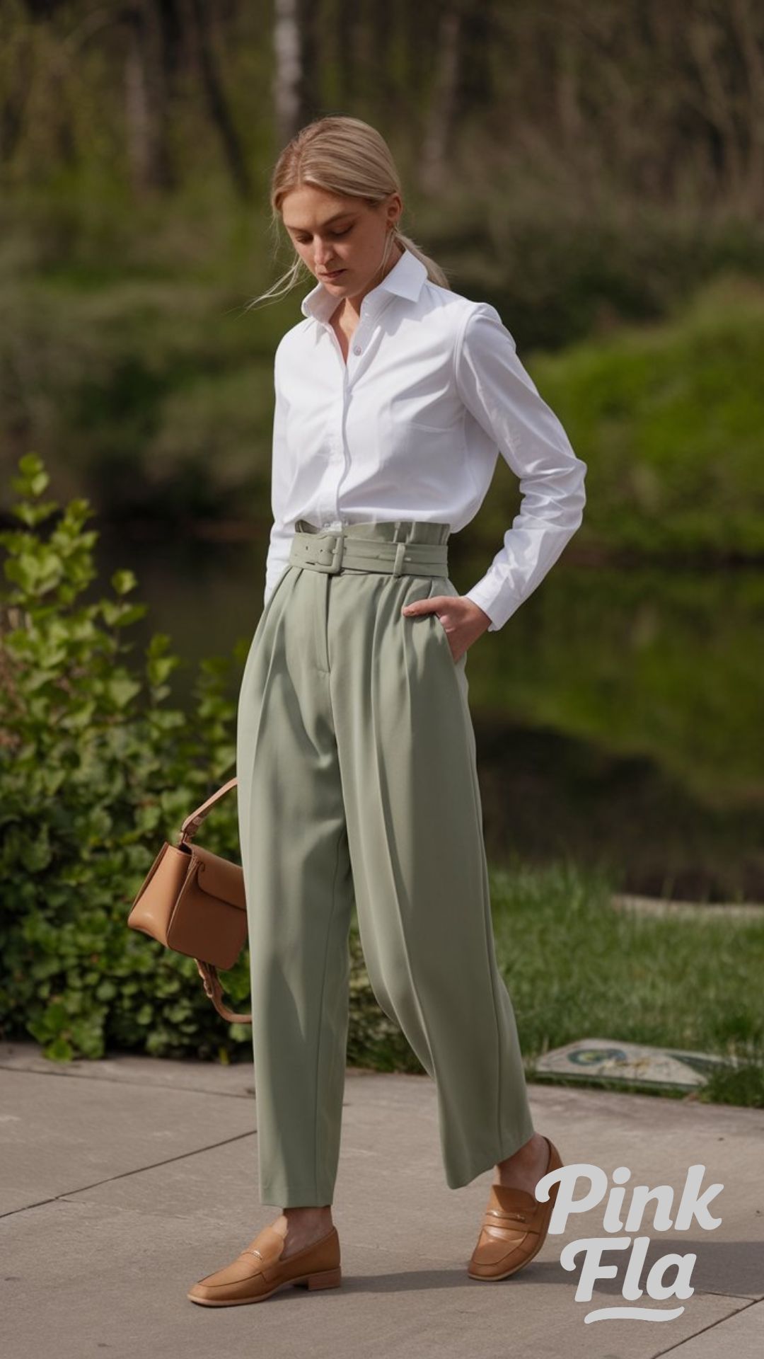 Sage Green High-Waisted Trousers with White Shirt - Spring Outfits for Work