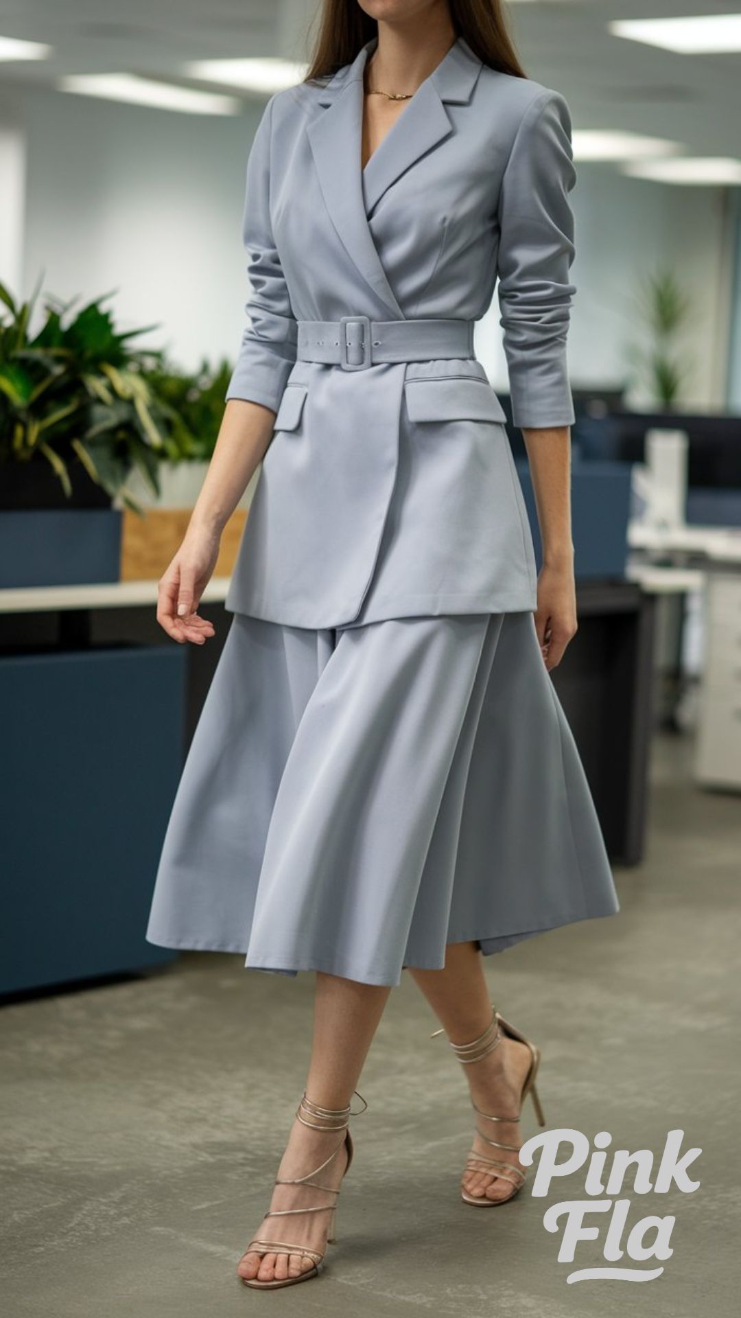 Sleek and Stylish: Belted Jacket with Midi Skirt - Stylish and Cute Professional Outfit Ideas