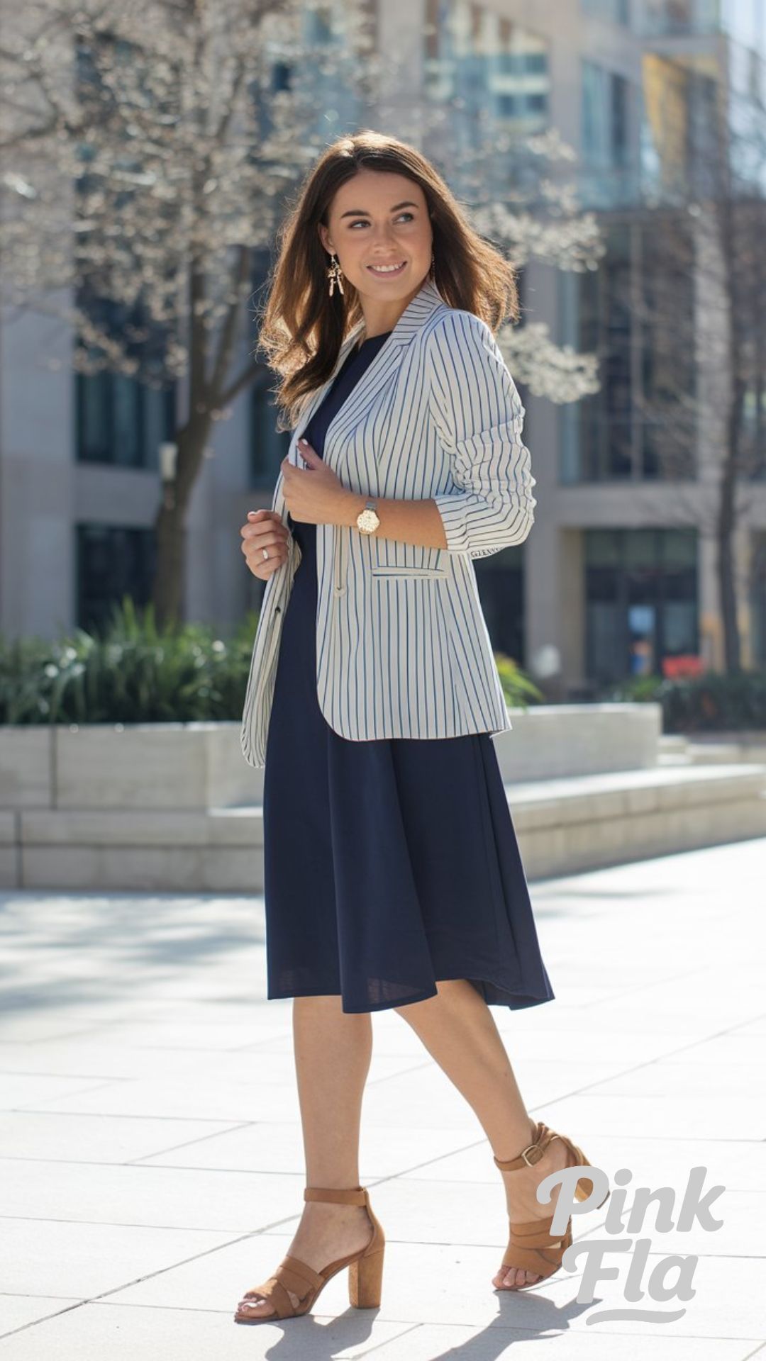 Spring Confidence in a Striped Blazer and Navy Dress - Spring Outfits for Work