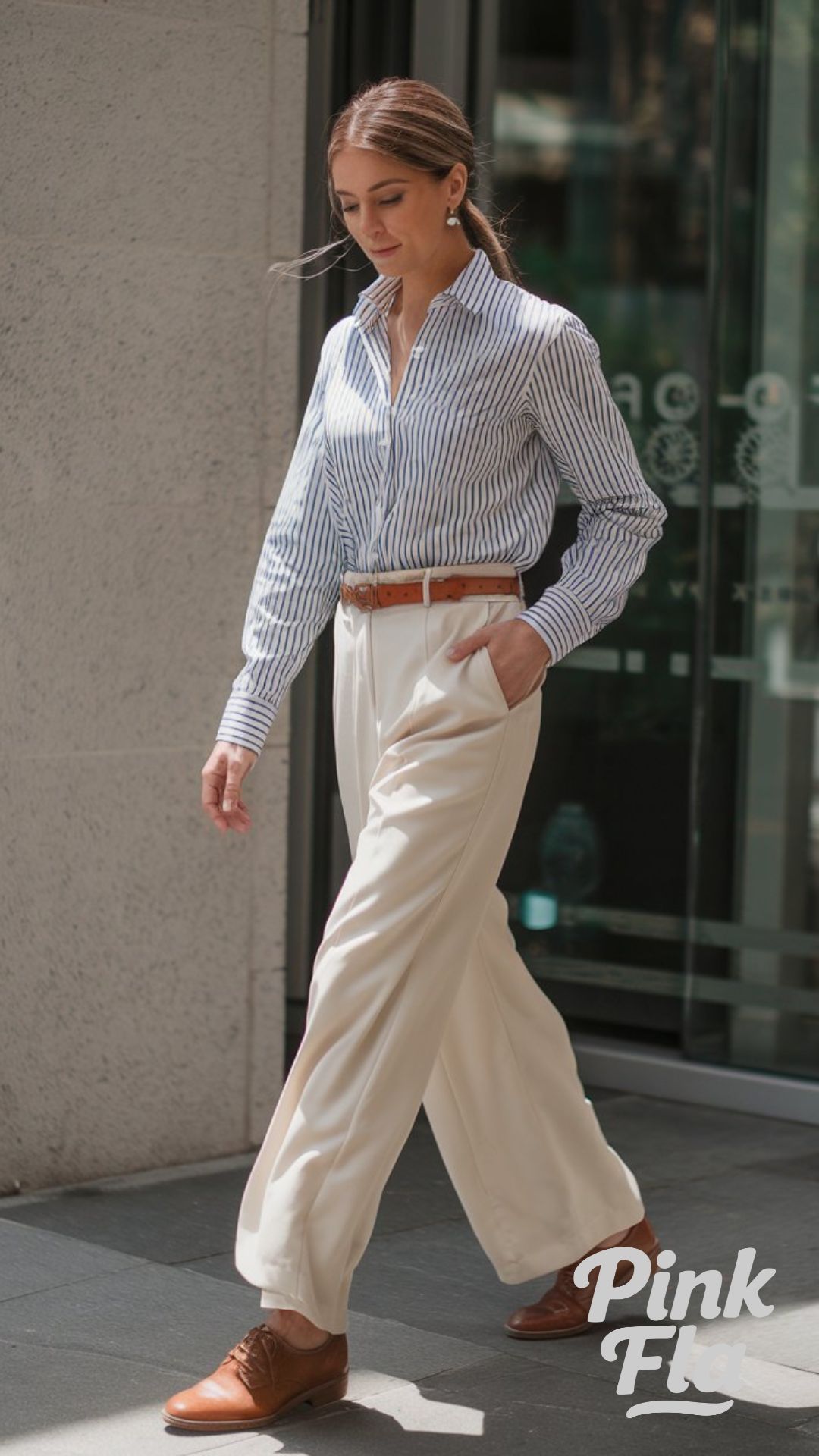 Striped Shirt and Cream Trousers for Modern Simplicity - Spring Outfits for Work