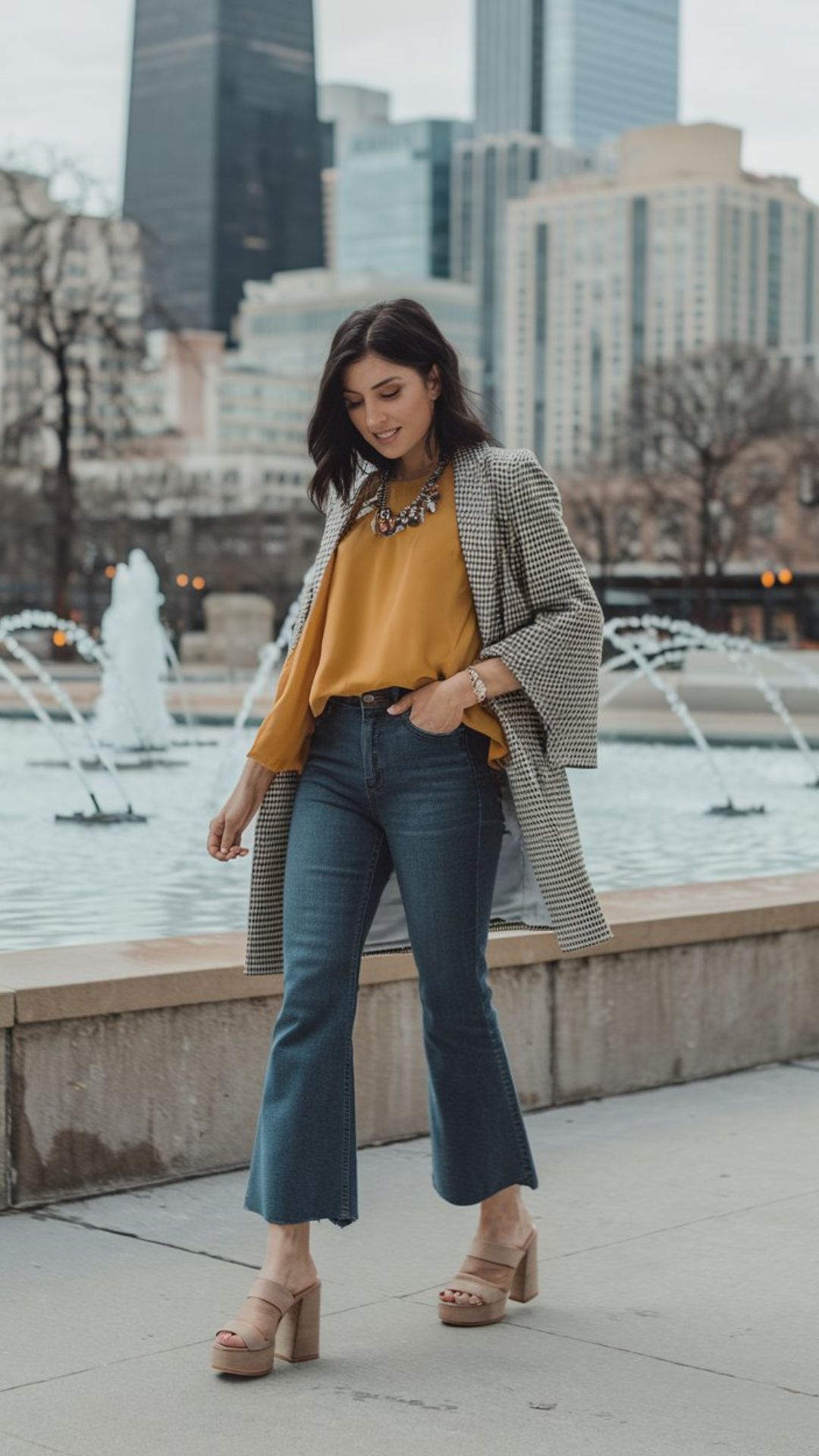 Vibrant Yellow and Houndstooth Layers - Spring Outfits with Jeans