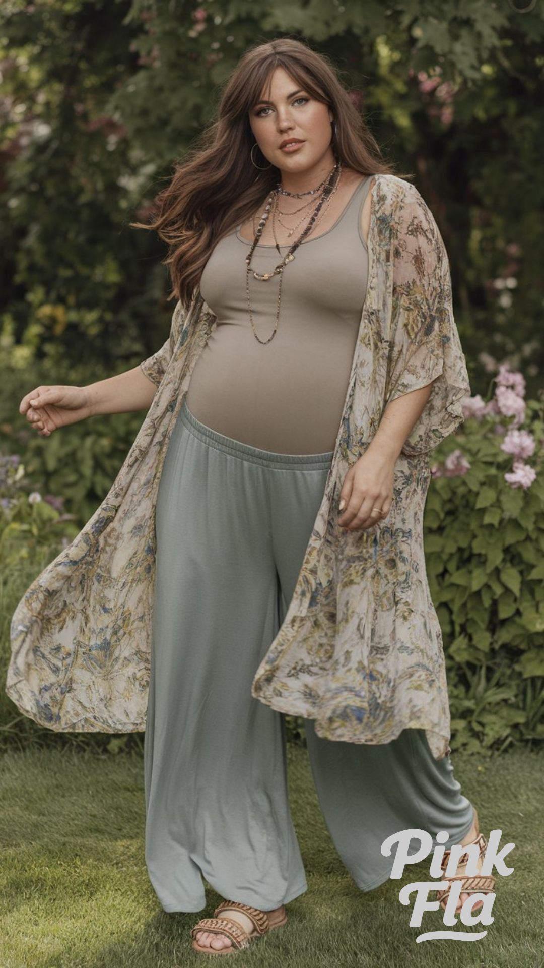Bohemian Comfort: Flowy Kimono Over Relaxed Wide-Leg Pants - Plus Size with Big Tummy Spring Outfit