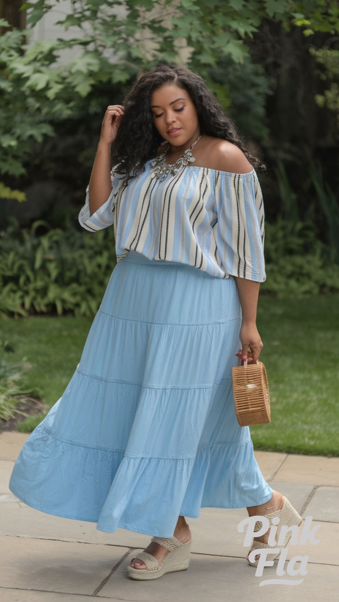 Boho Vibes: Off-the-Shoulder Top with a Tiered Maxi Skirt - Plus Size with Big Tummy Spring Outfit