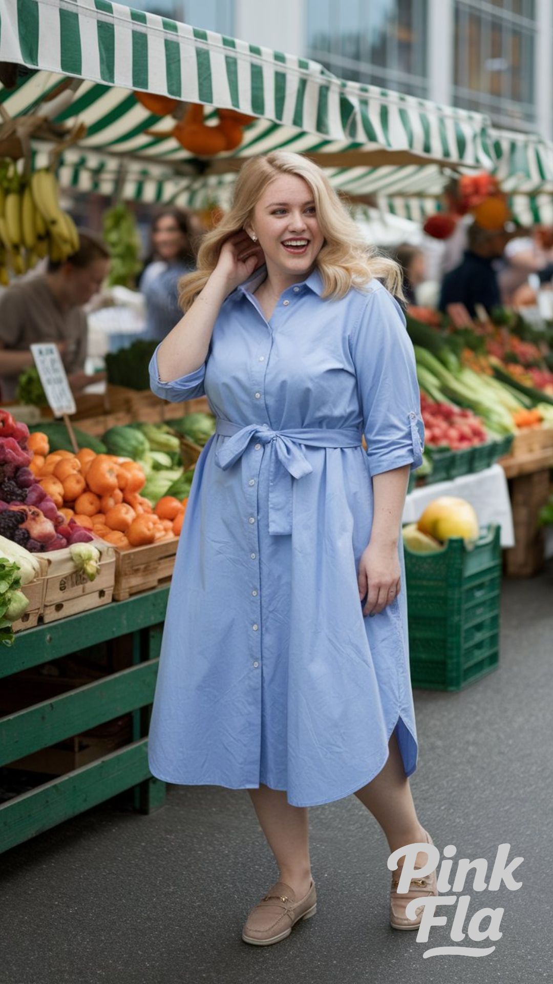 Breezy Elegance: Soft Blue Belted Shirt Dress - Plus Size with Big Tummy Spring Outfit