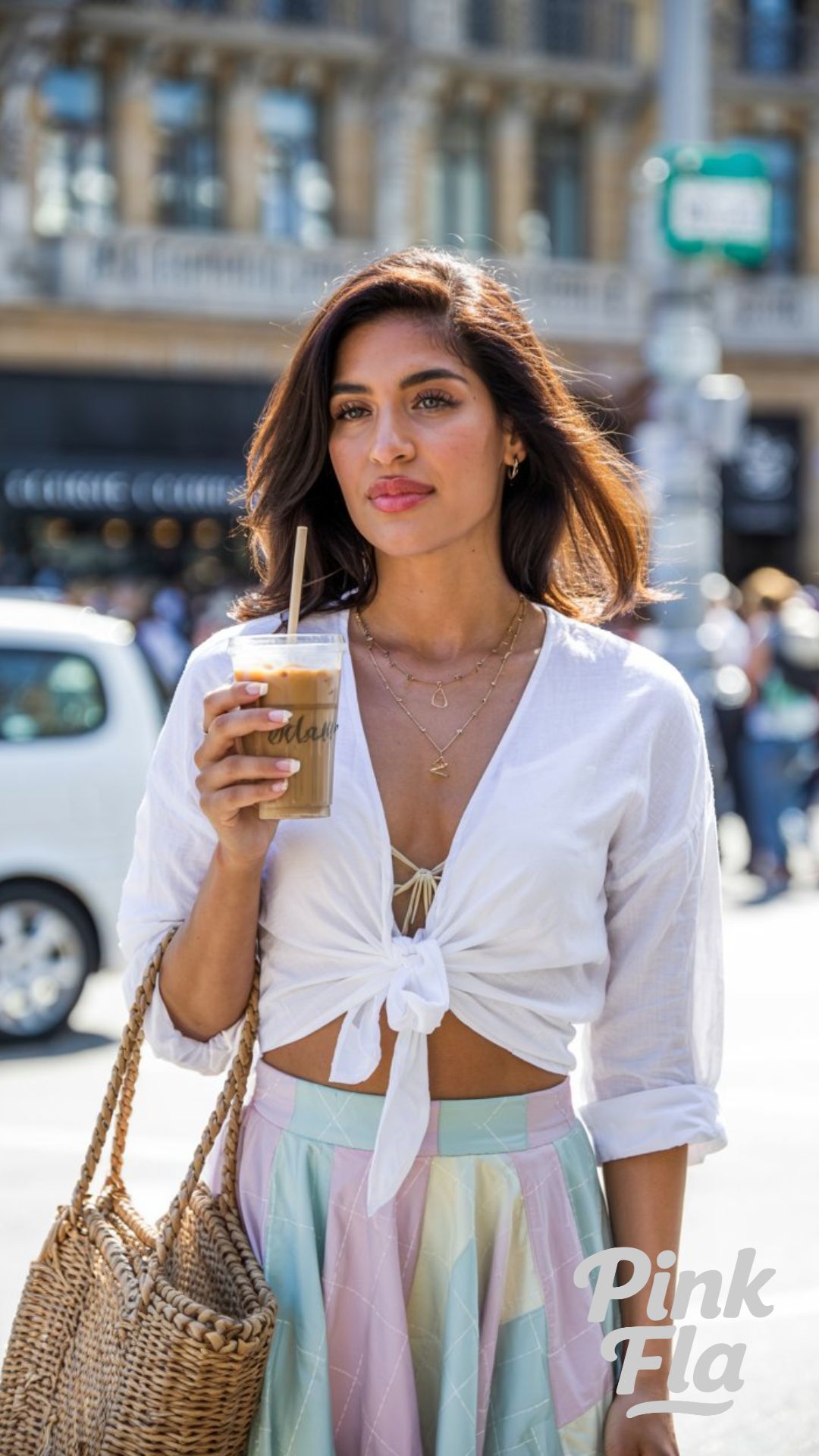 City Brunch in a Tie-Front Shirt and Pastel Skirt - Casual Warm Spring Outfit Ideas