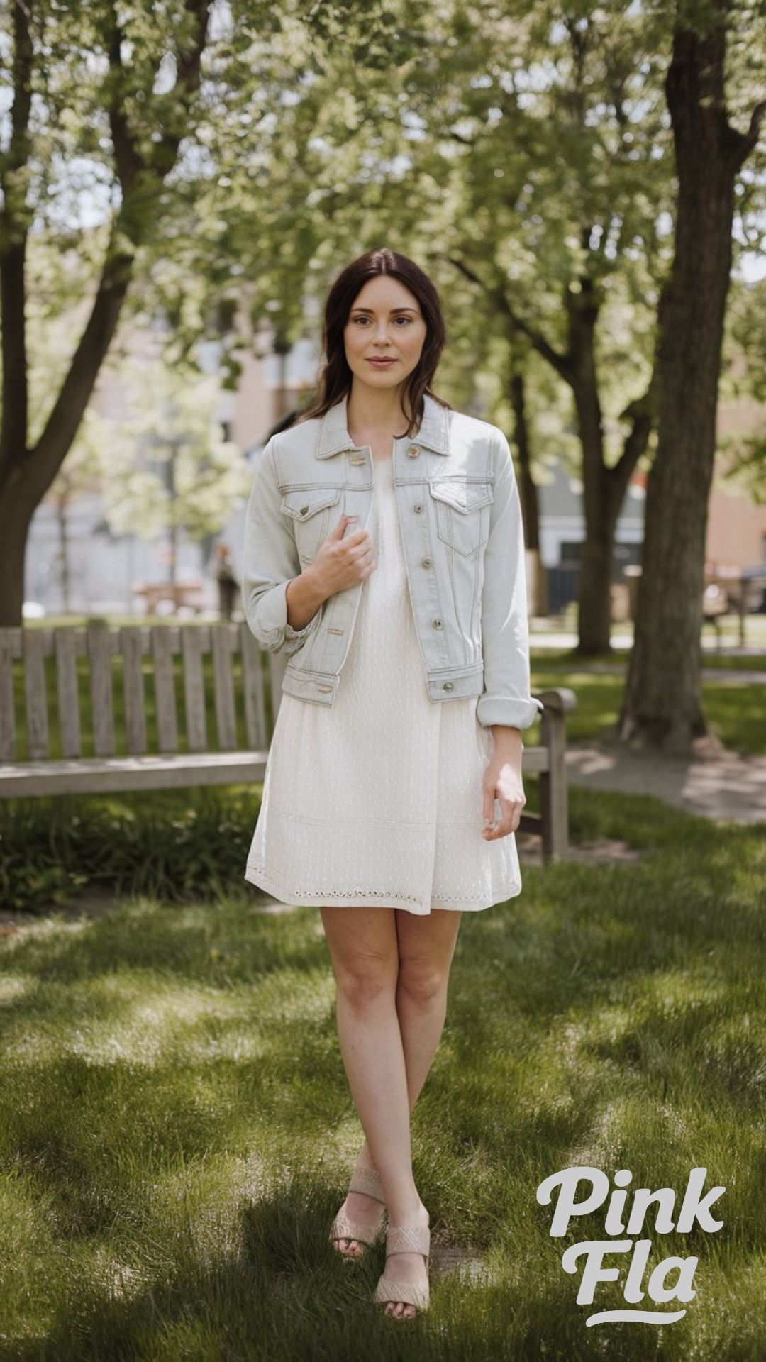 Classic Spring Combo: Denim Jacket over White Dress - Casual Warm Spring Outfit Ideas