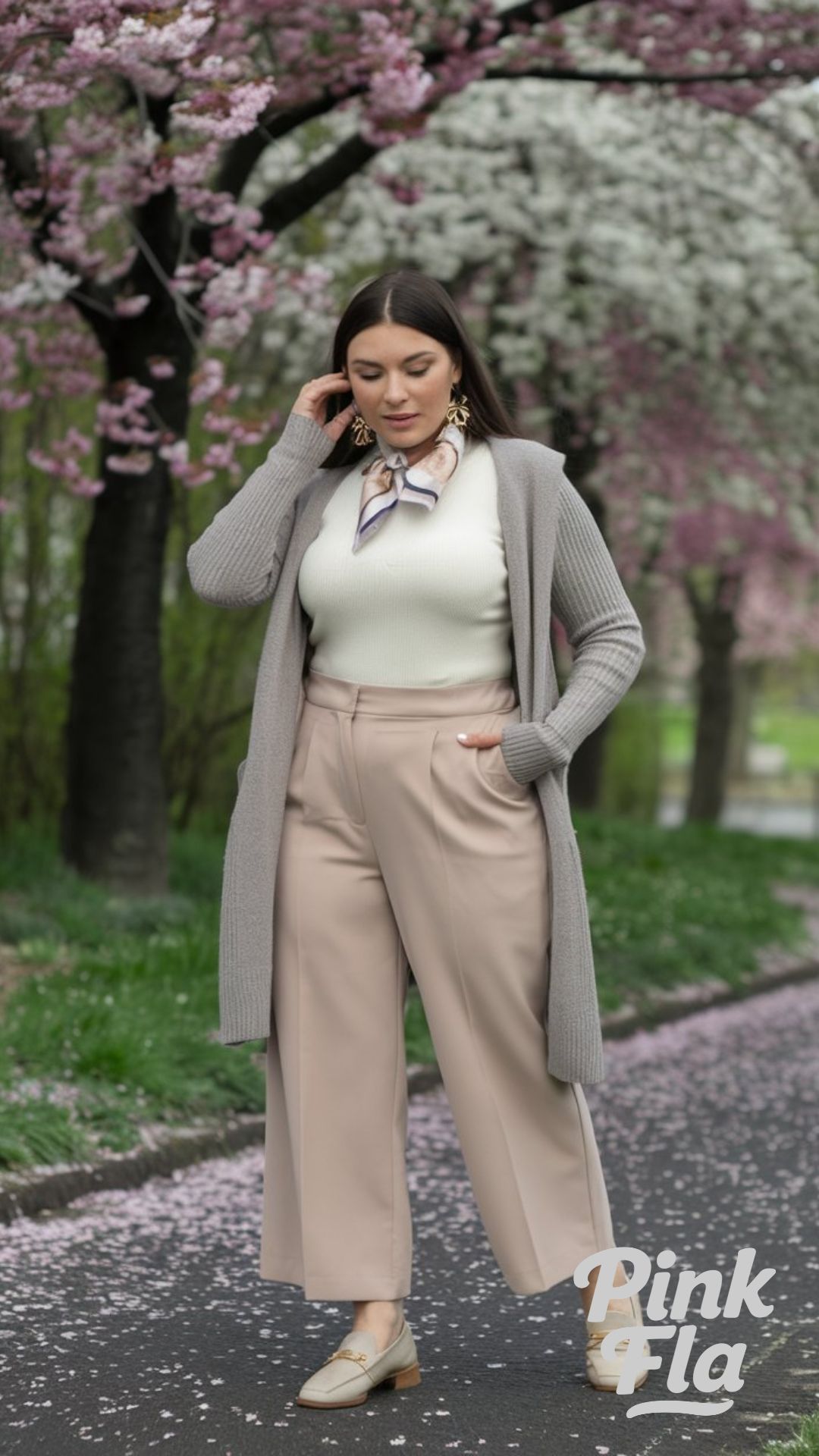 Delicate Comfort in Neutral Knitwear and a Pleated Skirt - Plus Size Spring Work Outfit Ideas