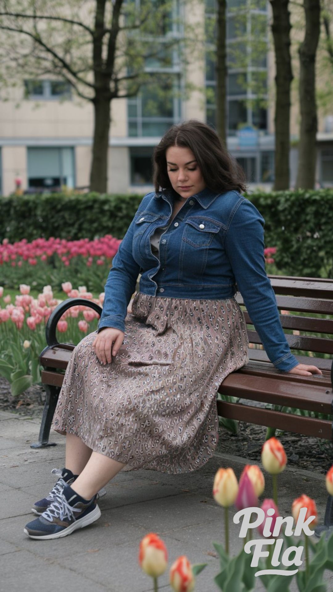 Denim and Patterns: Classic Jacket Over a Printed Midi Skirt - Plus Size with Big Tummy Spring Outfit