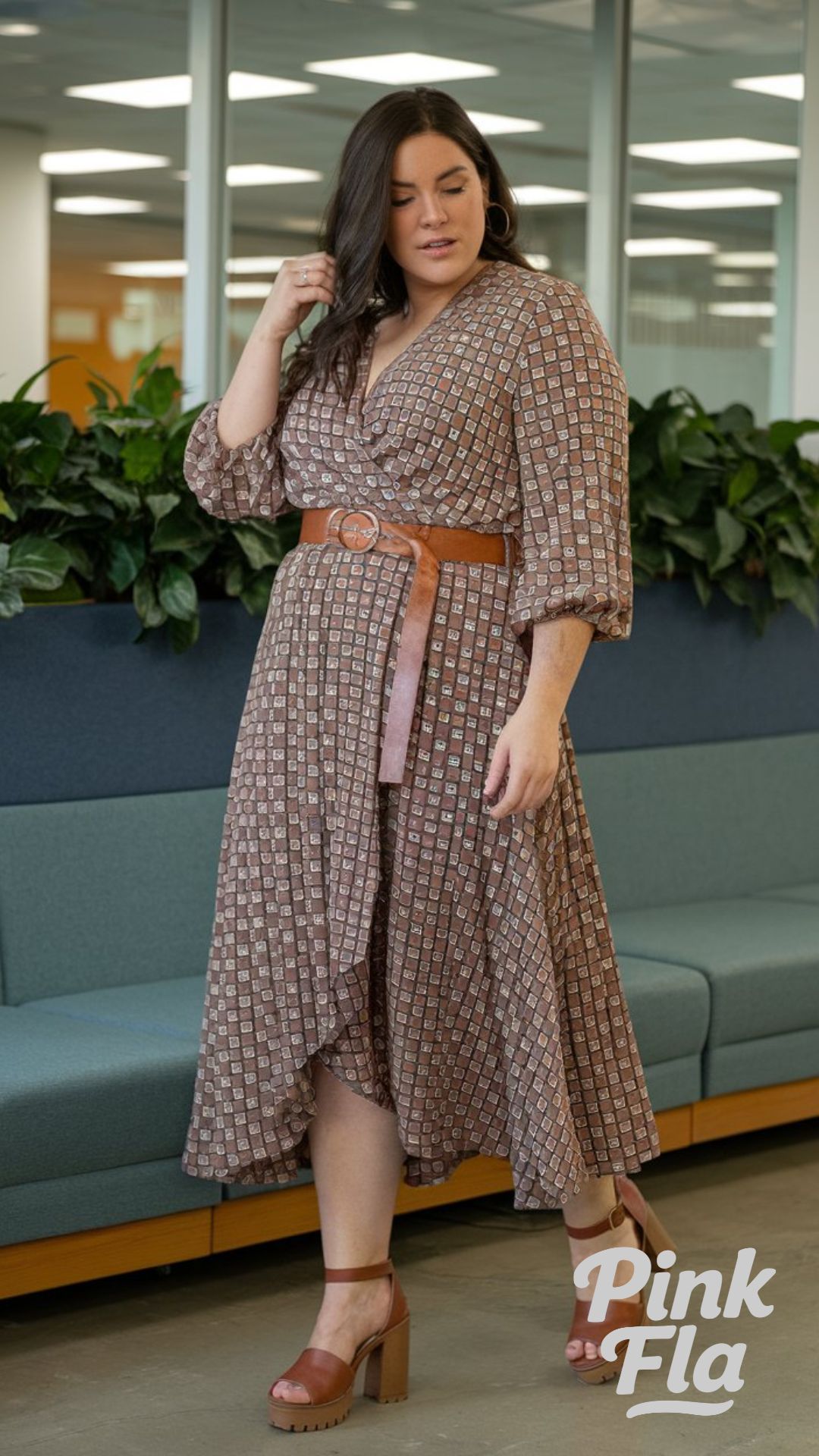 Effortlessly Feminine in a Geometric Wrap Dress - Plus Size Spring Work Outfit Ideas