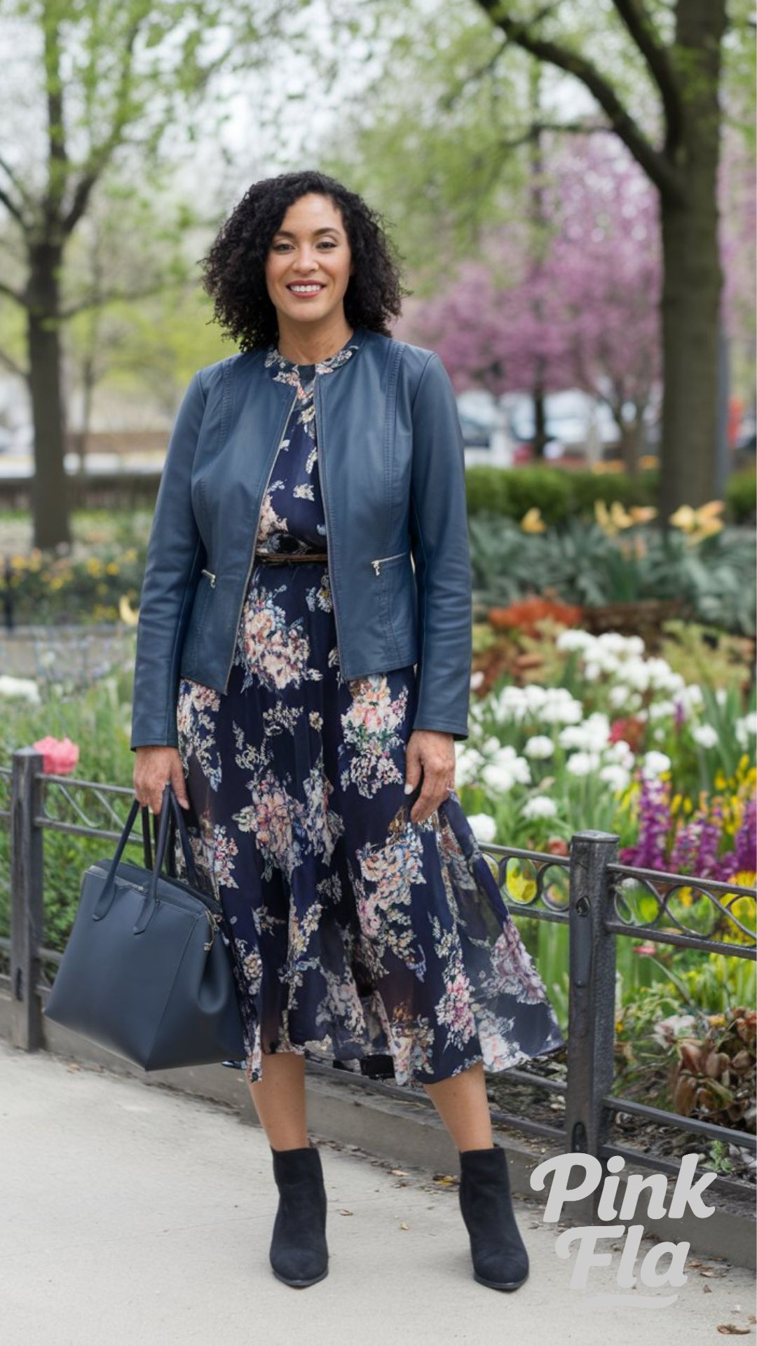 Floral Edge: Leather Jacket & Midi Dress Combo - Edgy Spring Outfits for Women Over 40