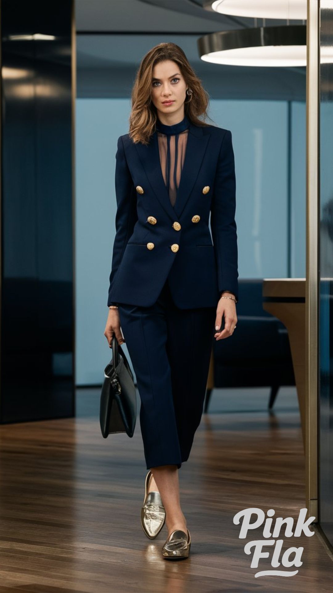 Navy Blue Suit with Sheer Top- Edgy Work Outfits