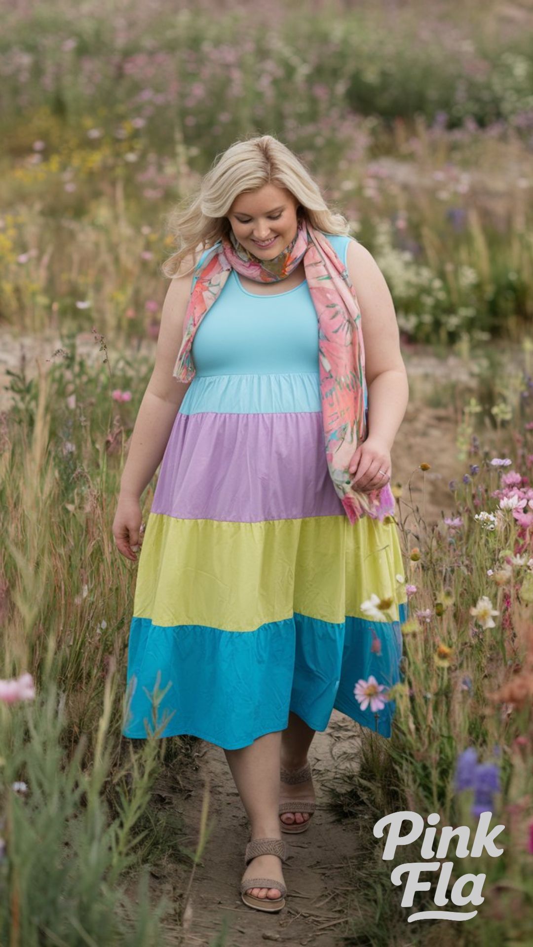 Playful Spring Colors: Tiered Maxi Dress with a Soft Scarf - Plus Size with Big Tummy Spring Outfit