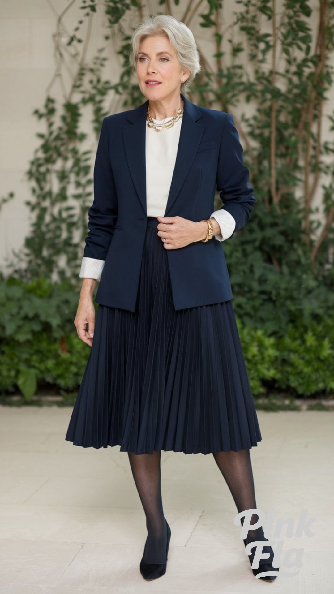 Polished Layers: Navy Blazer and Pleats - Spring Outfits for Women Over 60