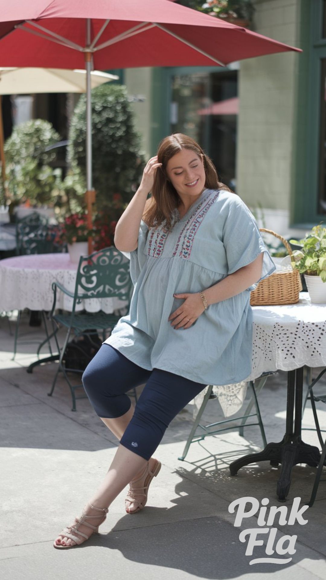 Relaxed Chic: Embroidered Tunic with Capri Leggings - Plus Size with Big Tummy Spring Outfit