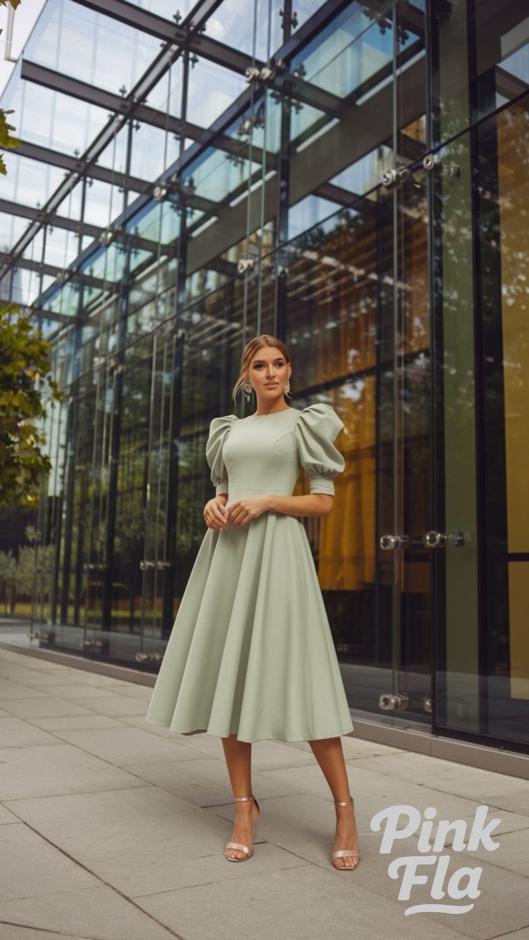 Sage Green Puff-Sleeve Midi Dress - Chic Spring Office Outfits Ideas