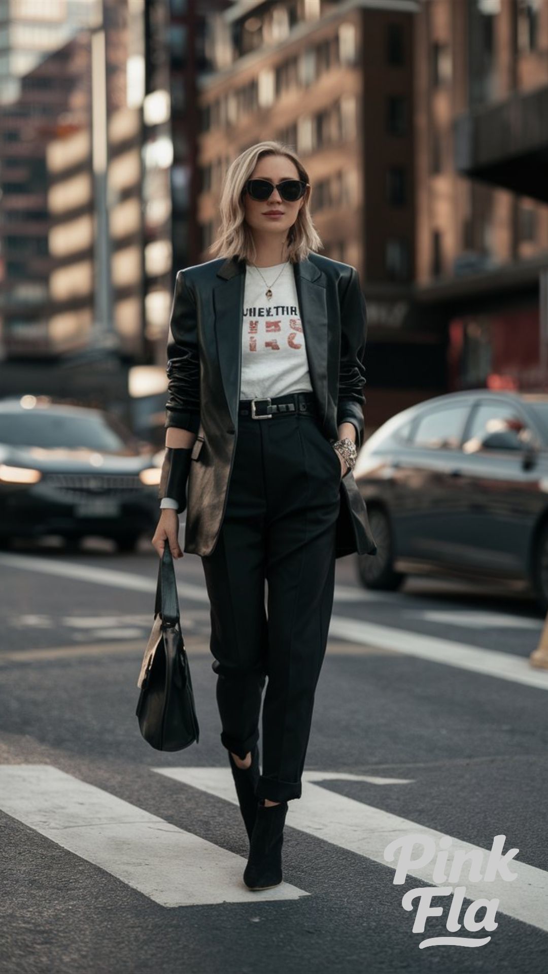 Sleek Black Blazer and Graphic Tee - Edgy Work Outfits