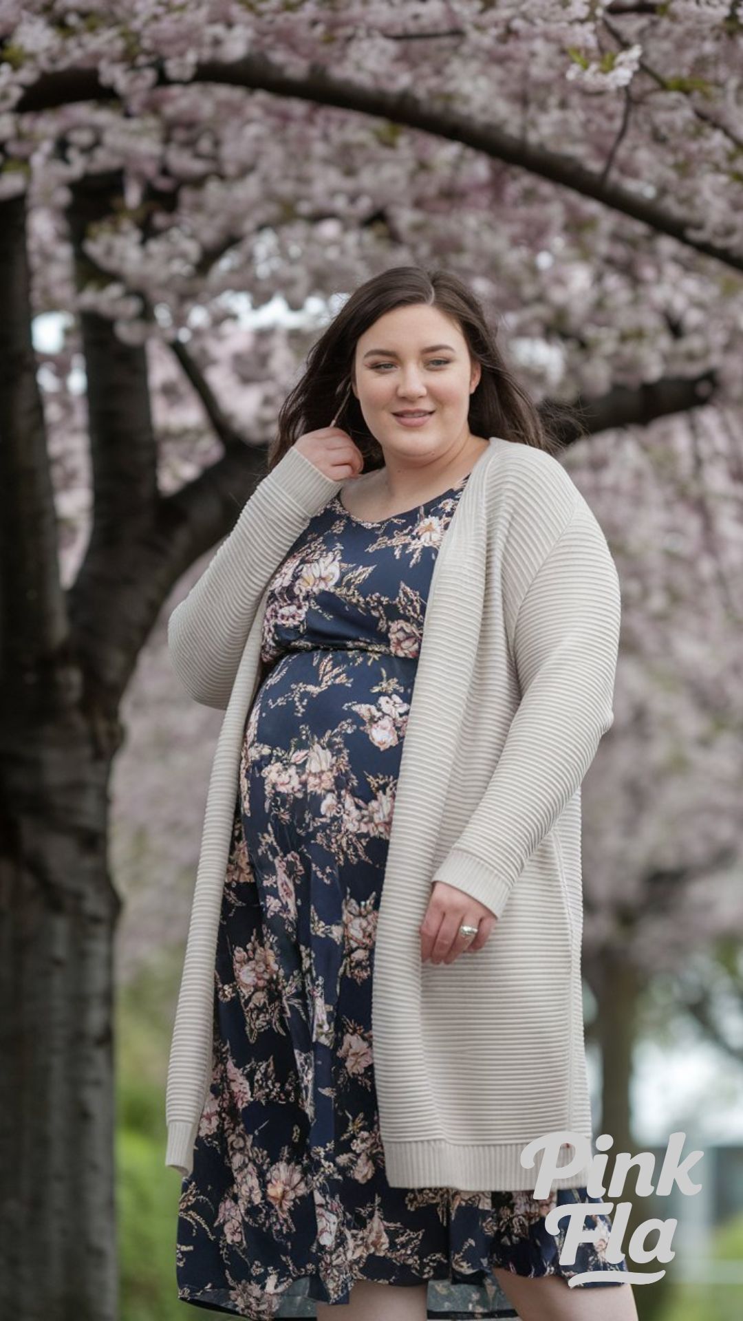 Soft Florals and Cozy Layers: Navy Dress with Ribbed Cardigan - Plus Size with Big Tummy Spring Outfit