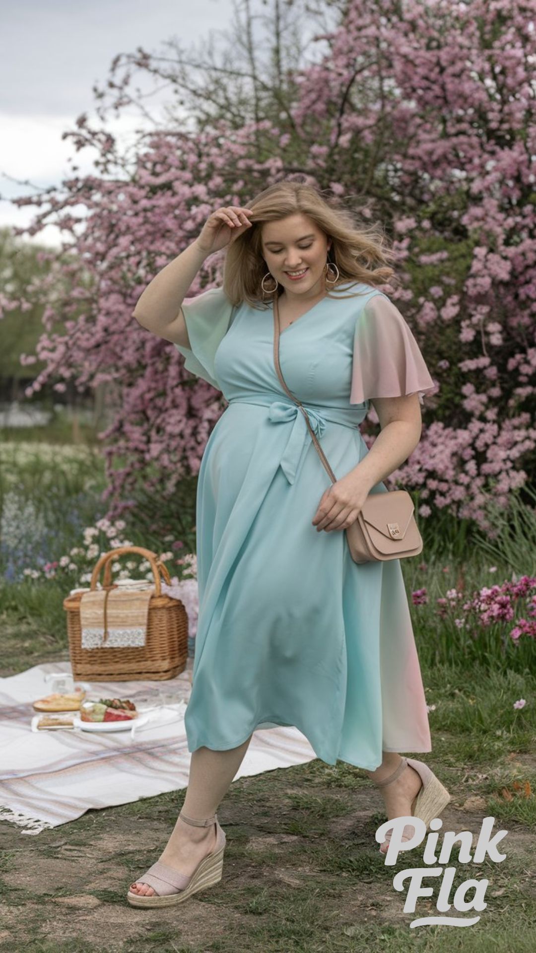 Soft Spring Romance: Pastel Flutter Sleeve Midi Dress - Plus Size with Big Tummy Spring Outfit