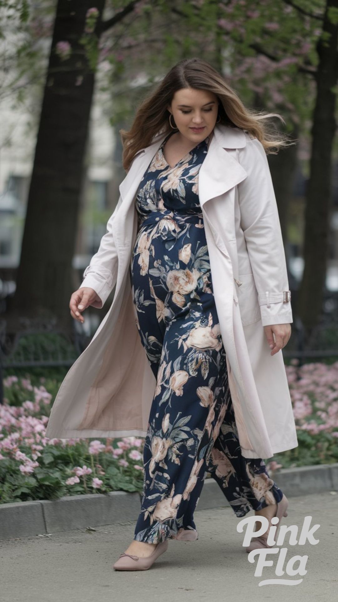 Sophisticated Florals: Jumpsuit with a Light Trench Coat - Plus Size with Big Tummy Spring Outfit