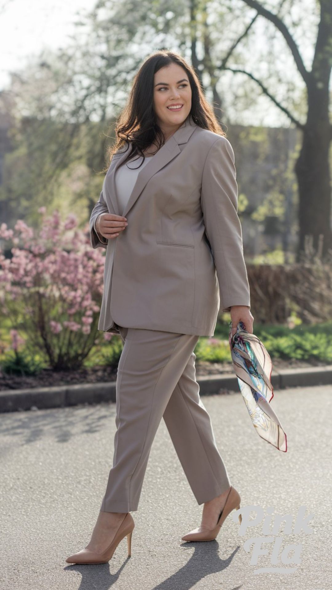 Spring Power Dressing in Soft Taupe and Silk Accents - Plus Size Spring Work Outfit Ideas