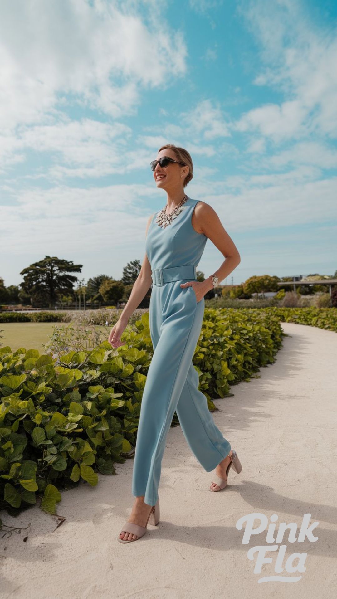 Spring Serenity: Powder Blue Jumpsuit & Bold Accents - Edgy Spring Outfits for Women Over 40