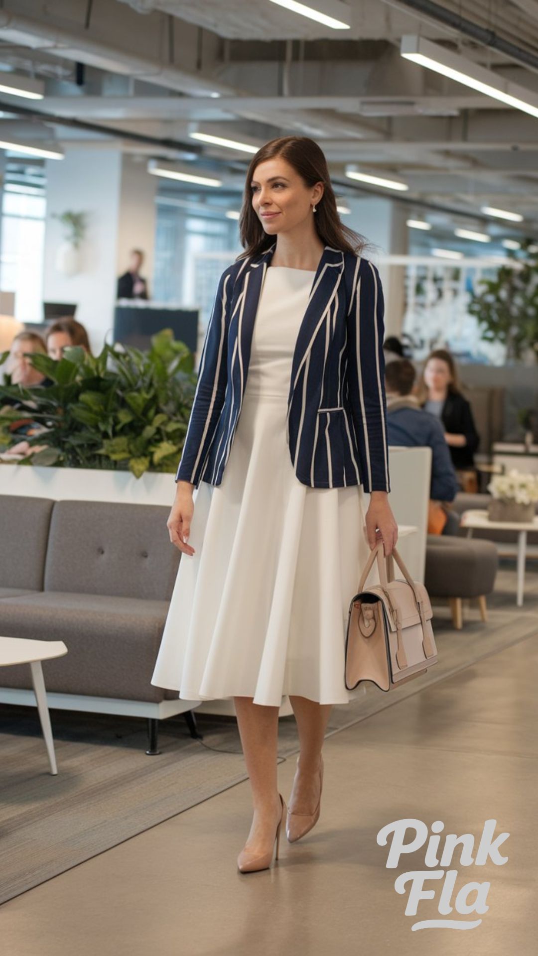 The Striped Blazer & Midi Dress Combo for Power Dressing - Chic Spring Office Outfits Ideas