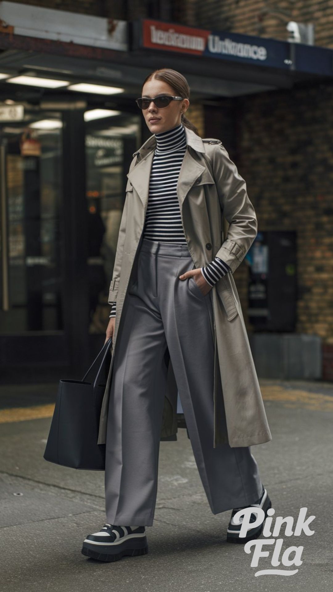 Timeless Layers: Striped Turtleneck and Trench Coat - Edgy Spring Outfits for Women Over 40