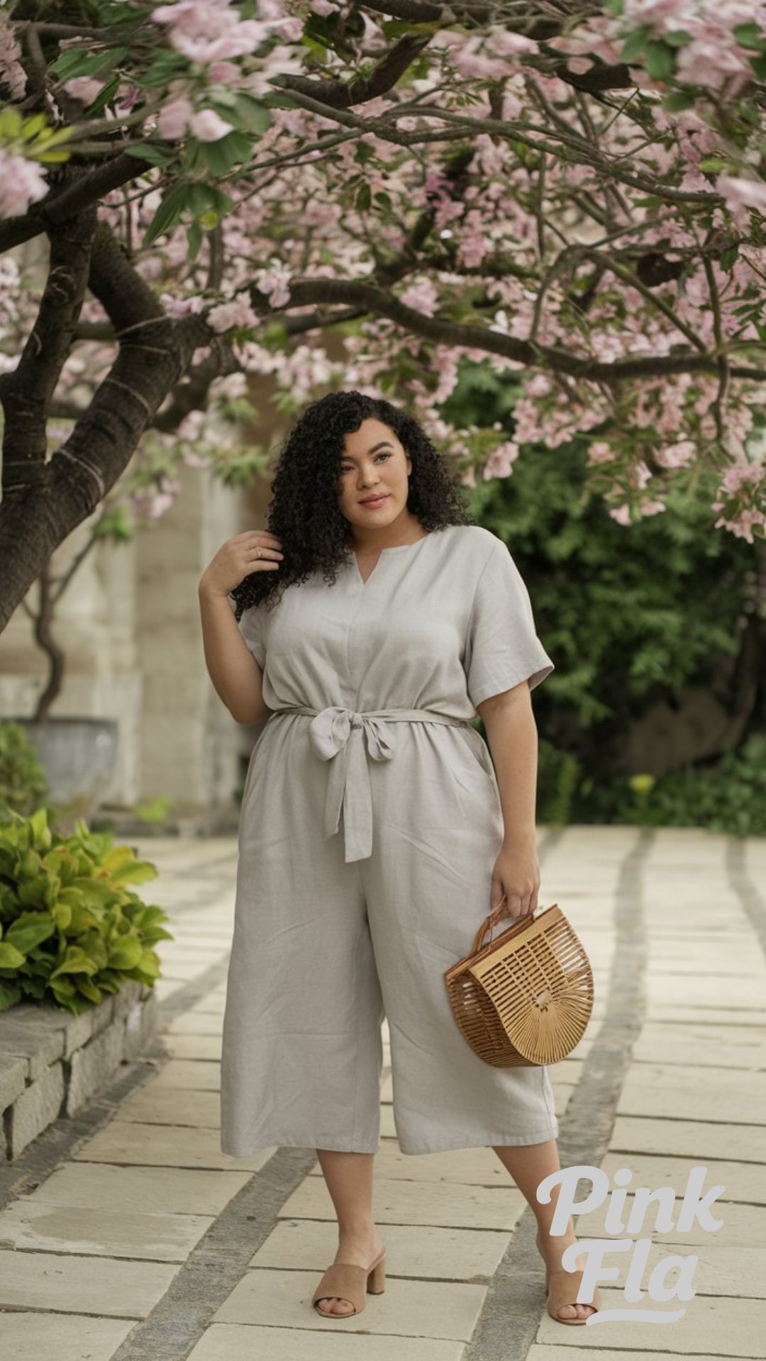 Understated Chic: Linen Belted Jumpsuit and Woven Accessories - Plus Size with Big Tummy Spring Outfit