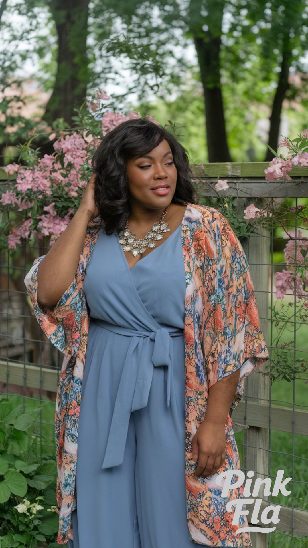 Boho-Luxe Layers: Jumpsuit with a Printed Kimono - Plus Size Spring Outfits for Black Women